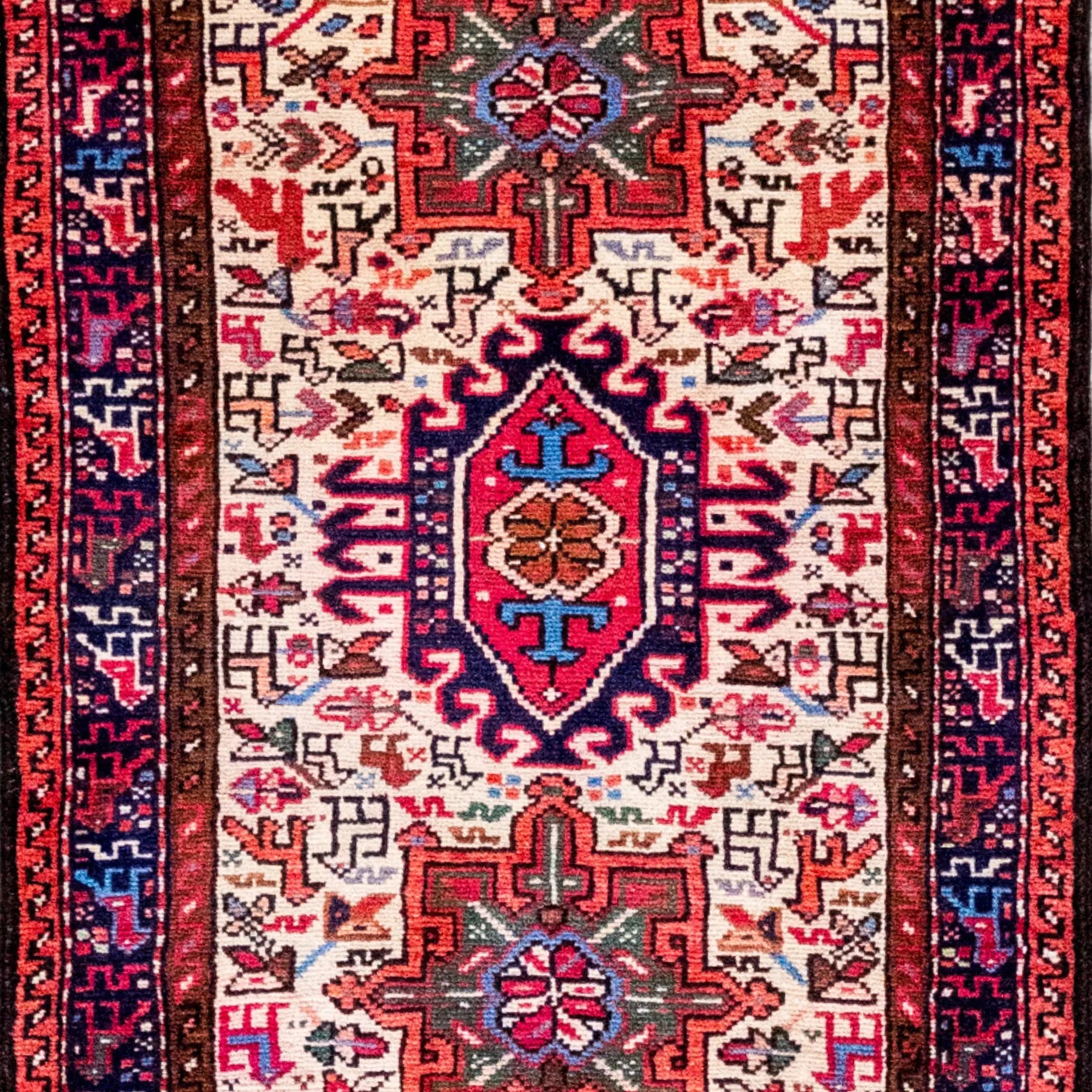 2' 1" x 3' 3" - RED AND NAVY KARAJEH GEOMETRIC PERSIAN RUG ( 63 x 99 CM )