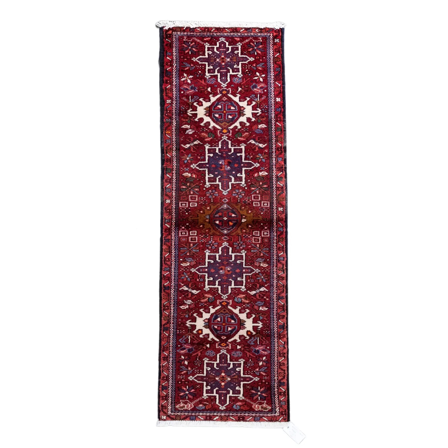 2' 1" x 6' 3" - RED AND NAVY KARAJEH GEOMETRIC PERSIAN RUG ( 63 x 190 CM )