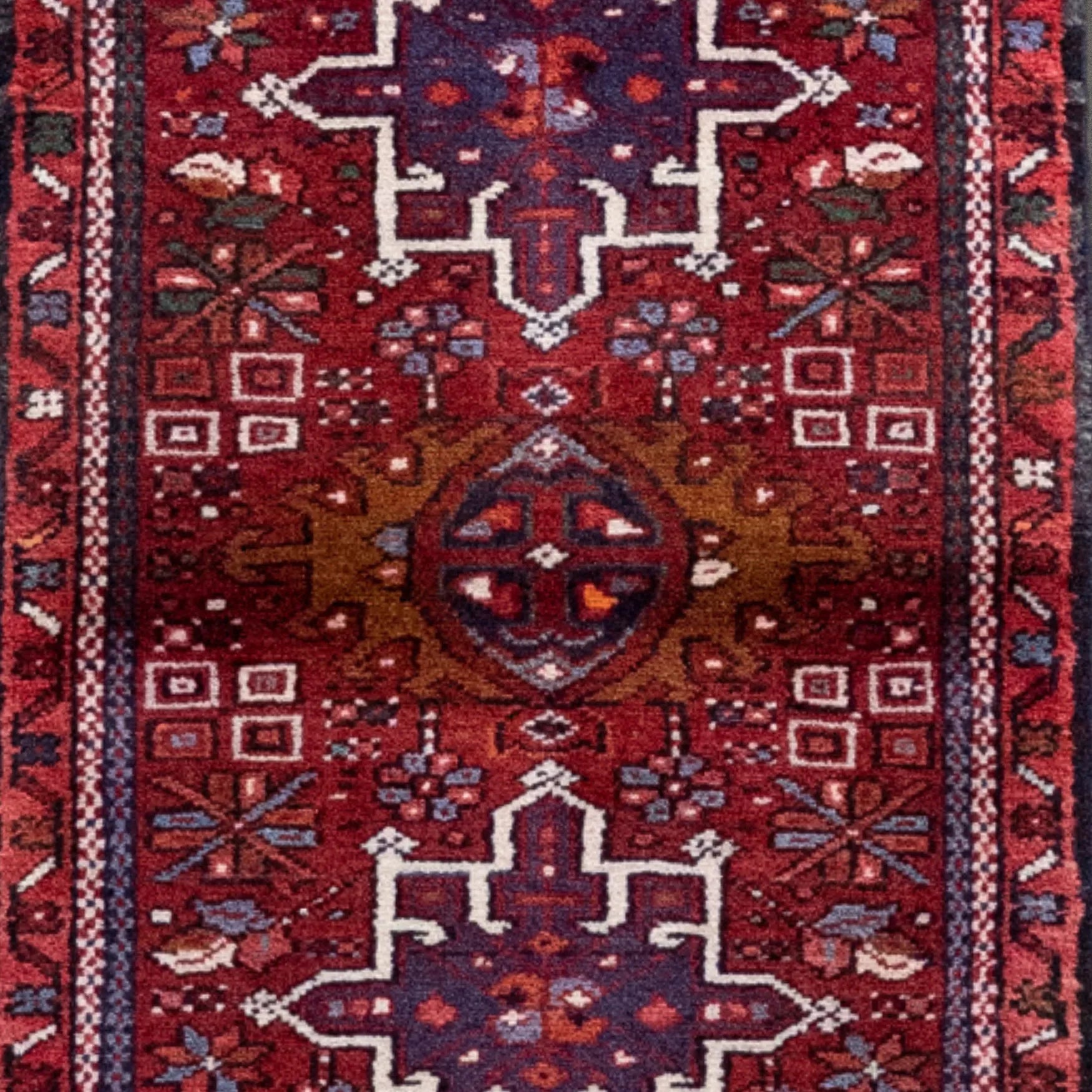 2' 1" x 6' 3" - RED AND NAVY KARAJEH GEOMETRIC PERSIAN RUG ( 63 x 190 CM )