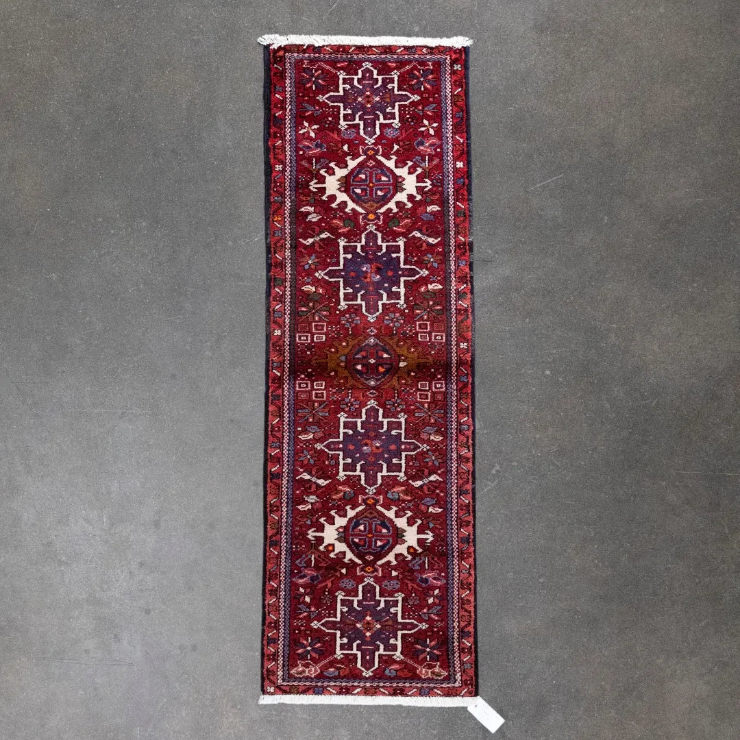 2' 1" x 5' 6" - RED AND NAVY KARAJEH GEOMETRIC PERSIAN RUG ( 63 x 167 CM )