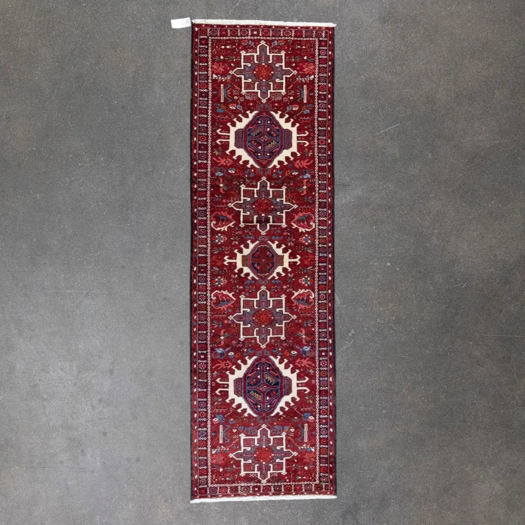 2' 7" x 8' 7" - RED AND NAVY KARAJEH GEOMETRIC PERSIAN RUG ( 79 x 261 CM )