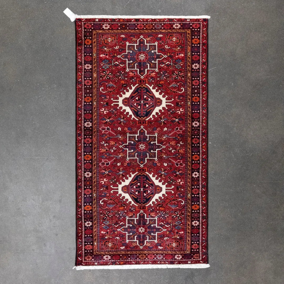 3' 7" x 6' 7" - RED AND NAVY KARAJEH GEOMETRIC PERSIAN RUG ( 110 x 200 CM )