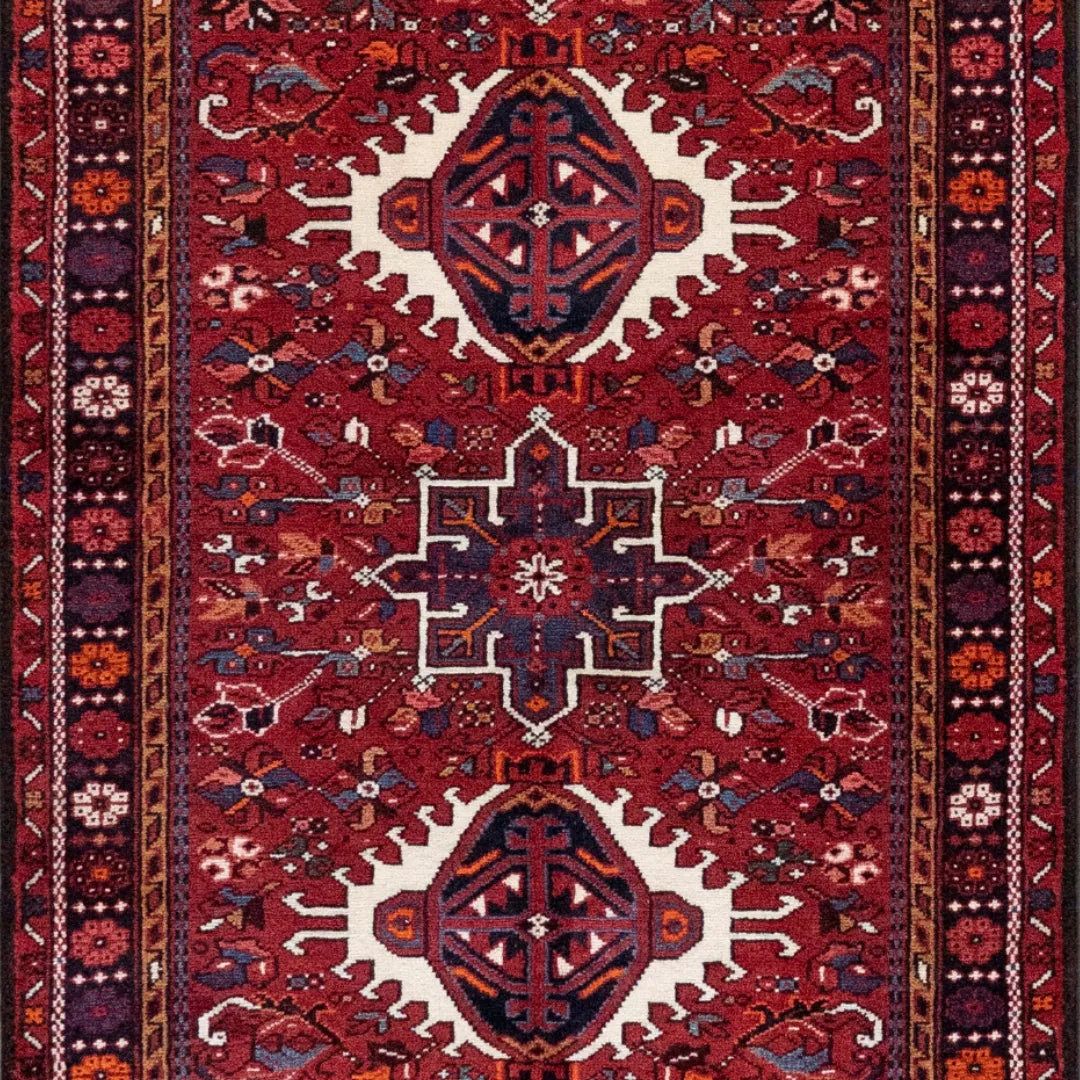 3' 7" x 6' 7" - RED AND NAVY KARAJEH GEOMETRIC PERSIAN RUG ( 110 x 200 CM )