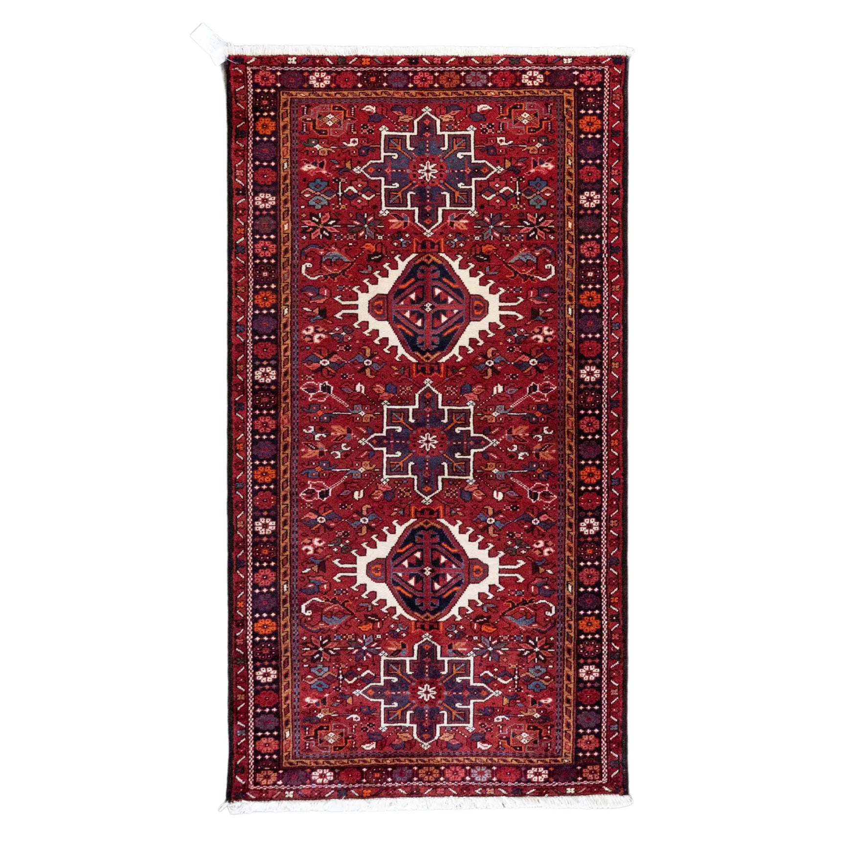 3' 7" x 6' 7" - RED AND NAVY KARAJEH GEOMETRIC PERSIAN RUG ( 110 x 200 CM )