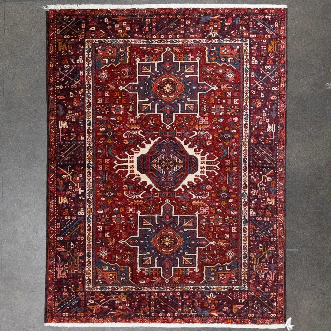 5' 1" x 6' 8" - RED AND NAVY KARAJEH GEOMETRIC PERSIAN RUG ( 155 x 205 CM )