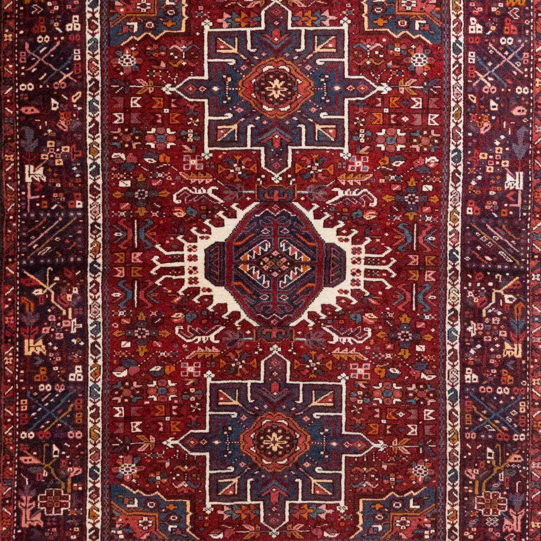 5' 1" x 6' 8" - RED AND NAVY KARAJEH GEOMETRIC PERSIAN RUG ( 155 x 205 CM )