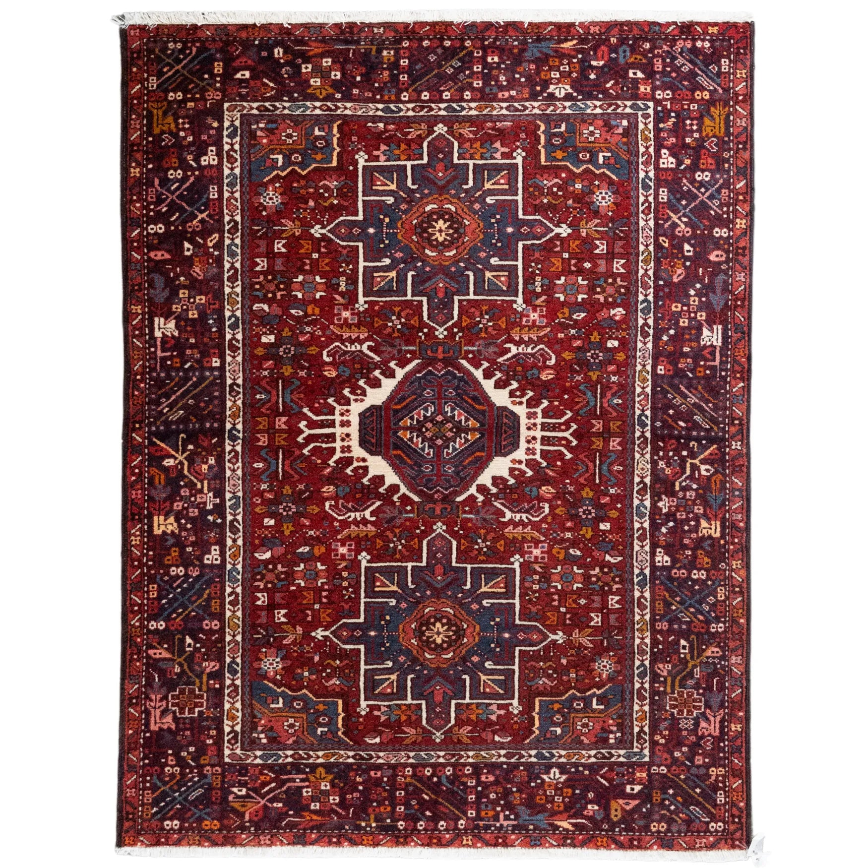 5' 1" x 6' 8" - RED AND NAVY KARAJEH GEOMETRIC PERSIAN RUG ( 155 x 203 CM )