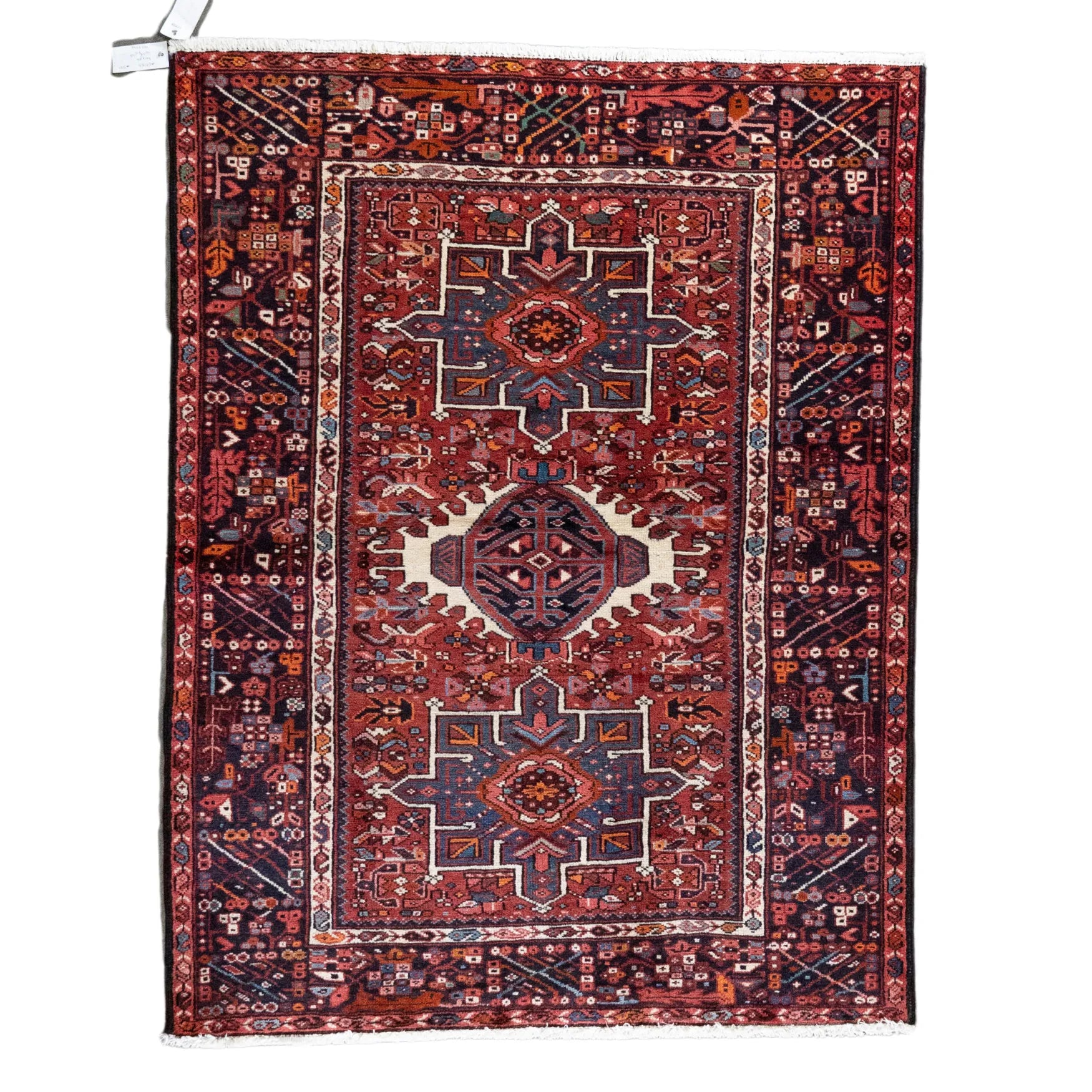 4' 11" x 6' 5" - RED AND NAVY KARAJEH GEOMETRIC PERSIAN RUG ( 150 x 195 CM )