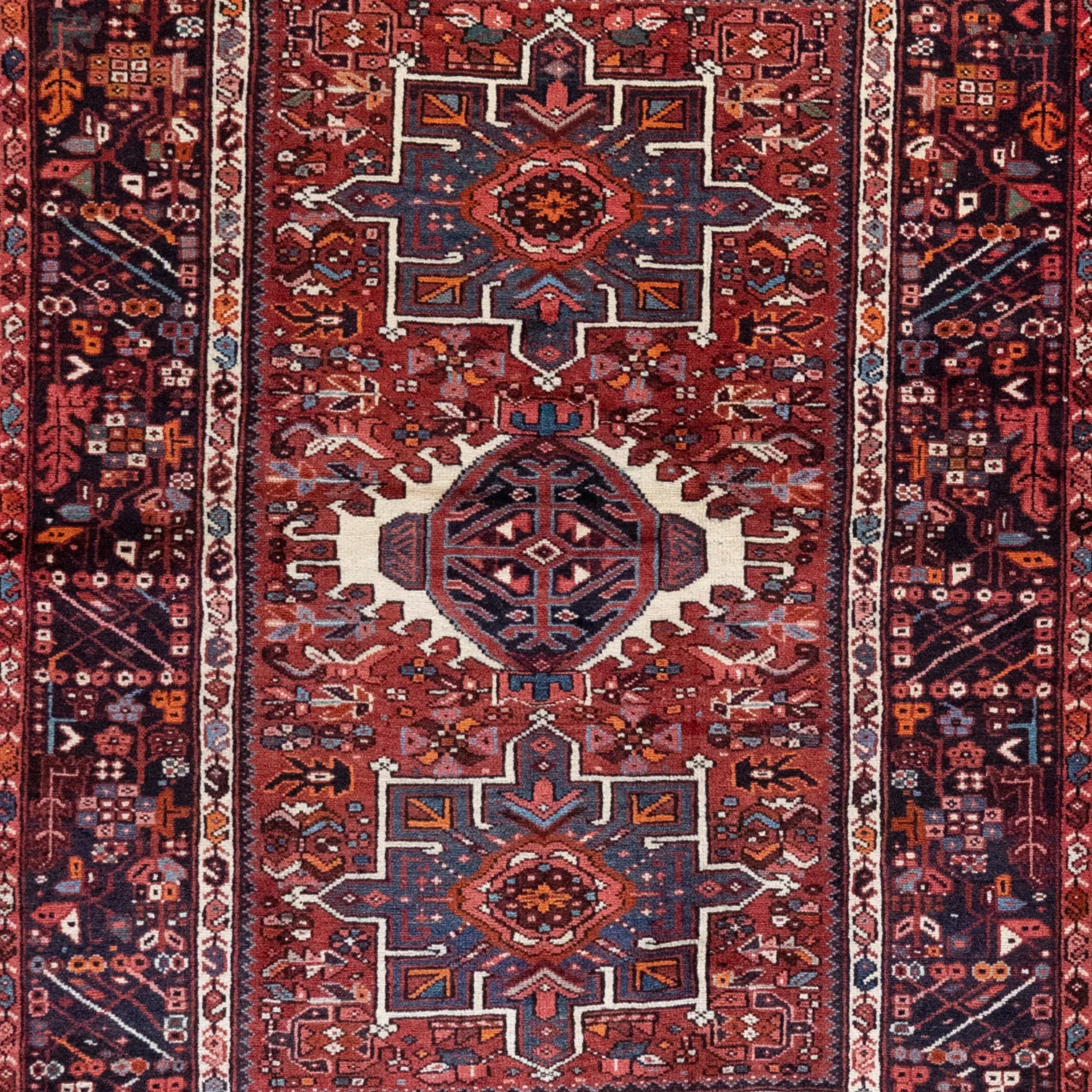 4' 11" x 6' 5" - RED AND NAVY KARAJEH GEOMETRIC PERSIAN RUG ( 150 x 195 CM )