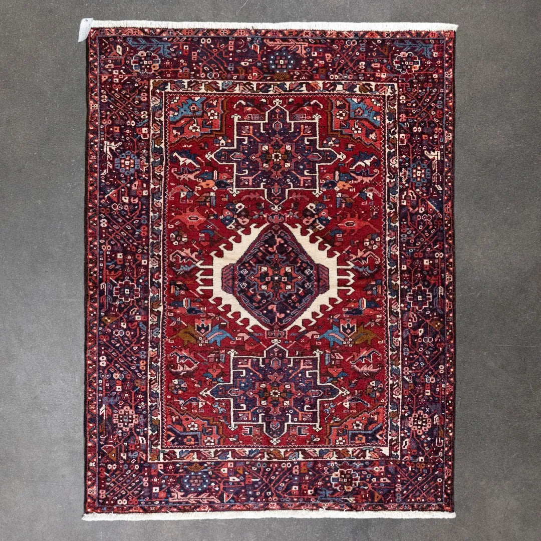 4' 11" x 6' 5" - RED AND NAVY KARAJEH GEOMETRIC PERSIAN RUG ( 150 x 195 CM )