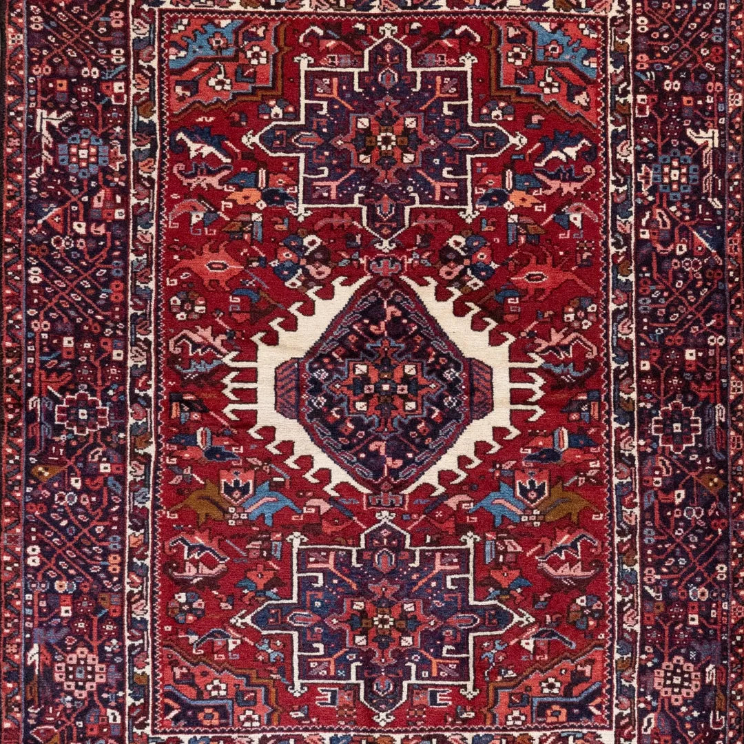 4' 11" x 6' 5" - RED AND NAVY KARAJEH GEOMETRIC PERSIAN RUG ( 150 x 195 CM )