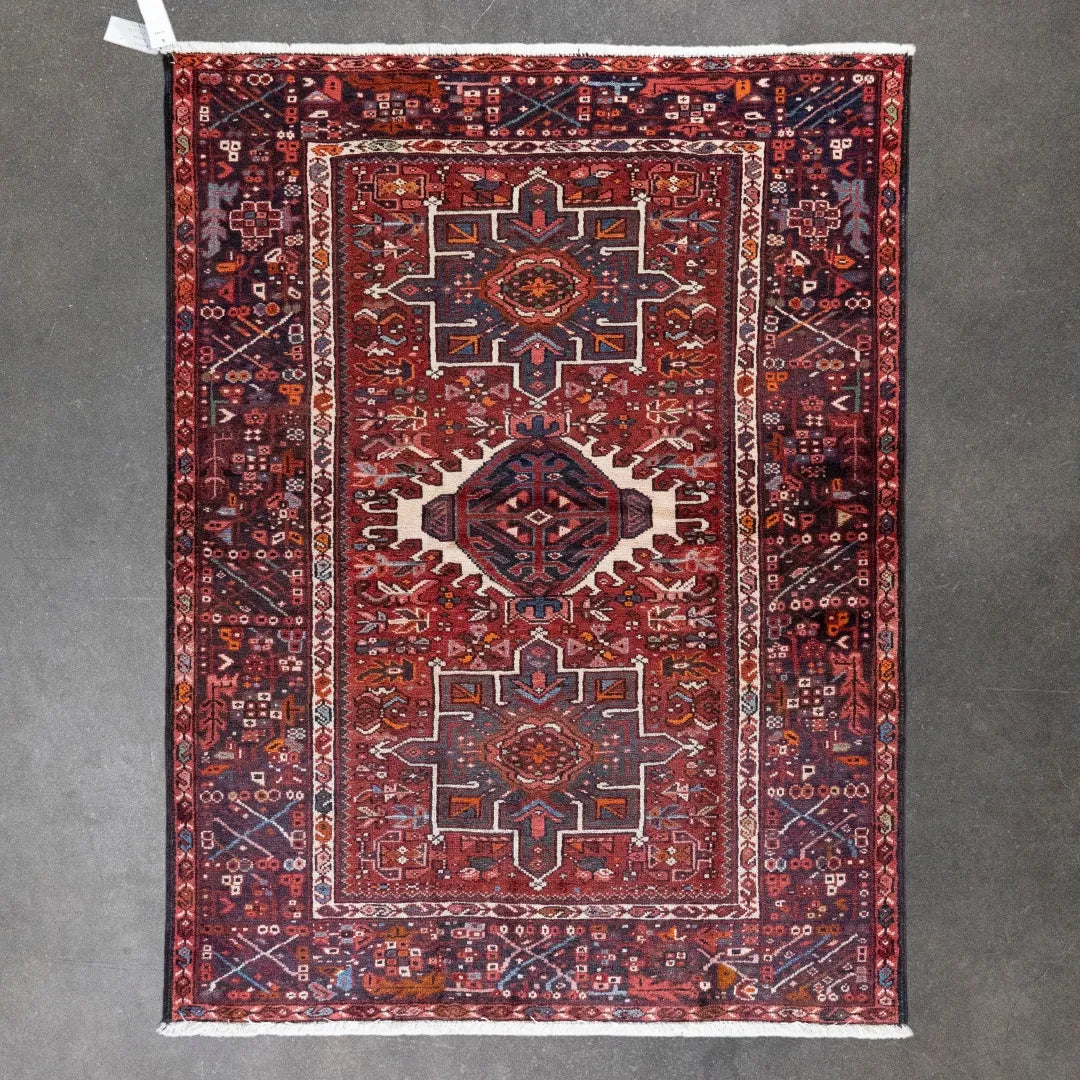 4' 10" x 6' 3" - NAVY AND RED KARAJEH GEOMETRIC PERSIAN RUG ( 147 x 190 CM )