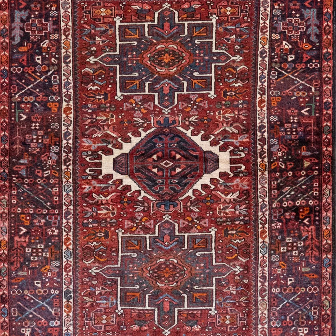 4' 10" x 6' 3" - NAVY AND RED KARAJEH GEOMETRIC PERSIAN RUG ( 147 x 190 CM )