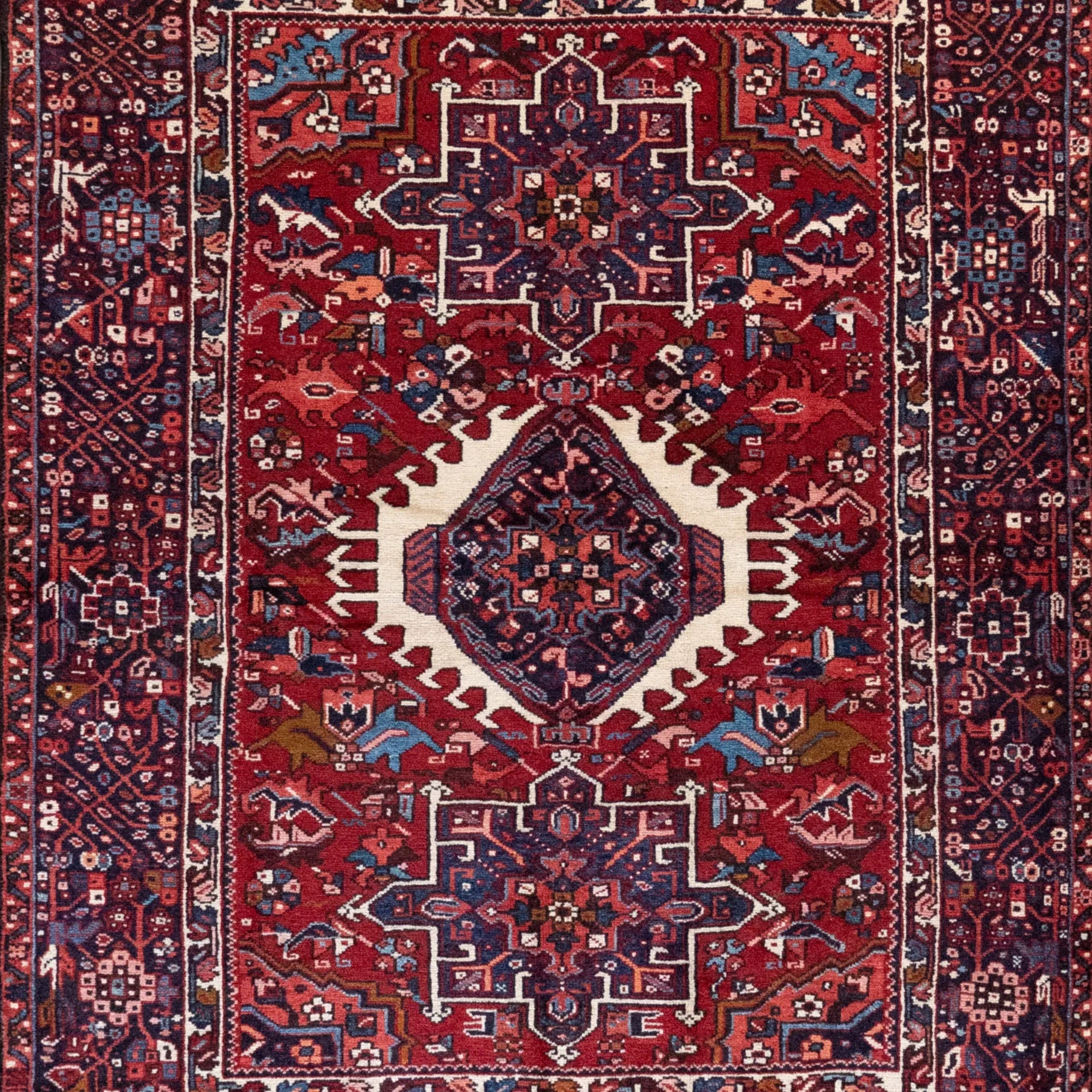 4' 11" x 6' 6" - RED AND NAVY KARAJEH GEOMETRIC PERSIAN RUG ( 150 x 198 CM )