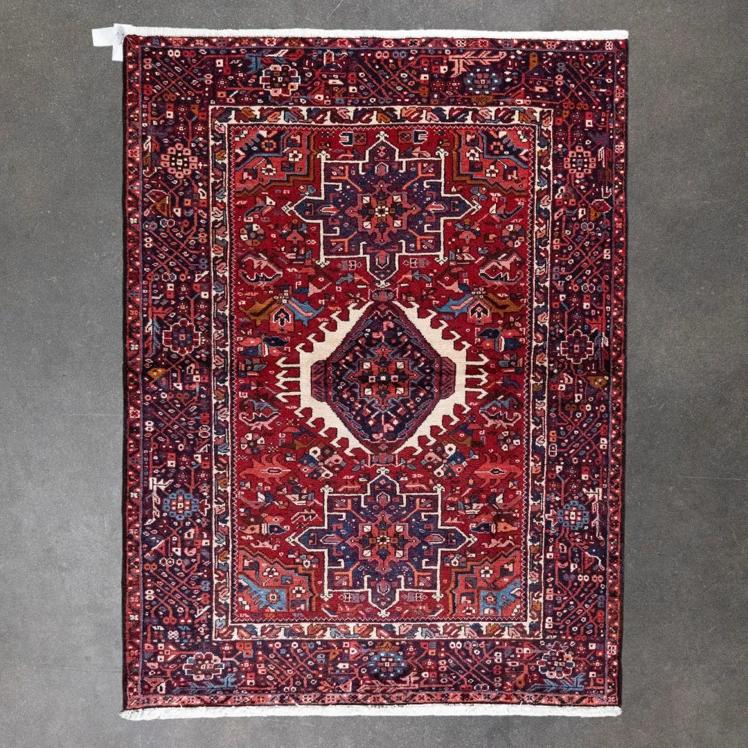 4' 11" x 6' 6" - RED AND NAVY KARAJEH GEOMETRIC PERSIAN RUG ( 150 x 198 CM )