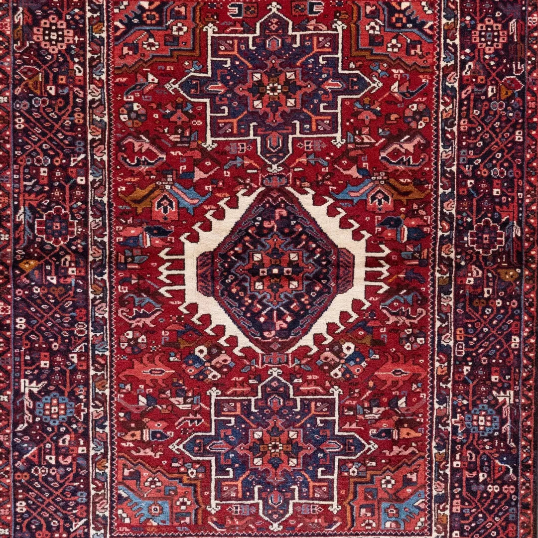 4' 11" x 6' 6" - RED AND NAVY KARAJEH GEOMETRIC PERSIAN RUG ( 150 x 198 CM )