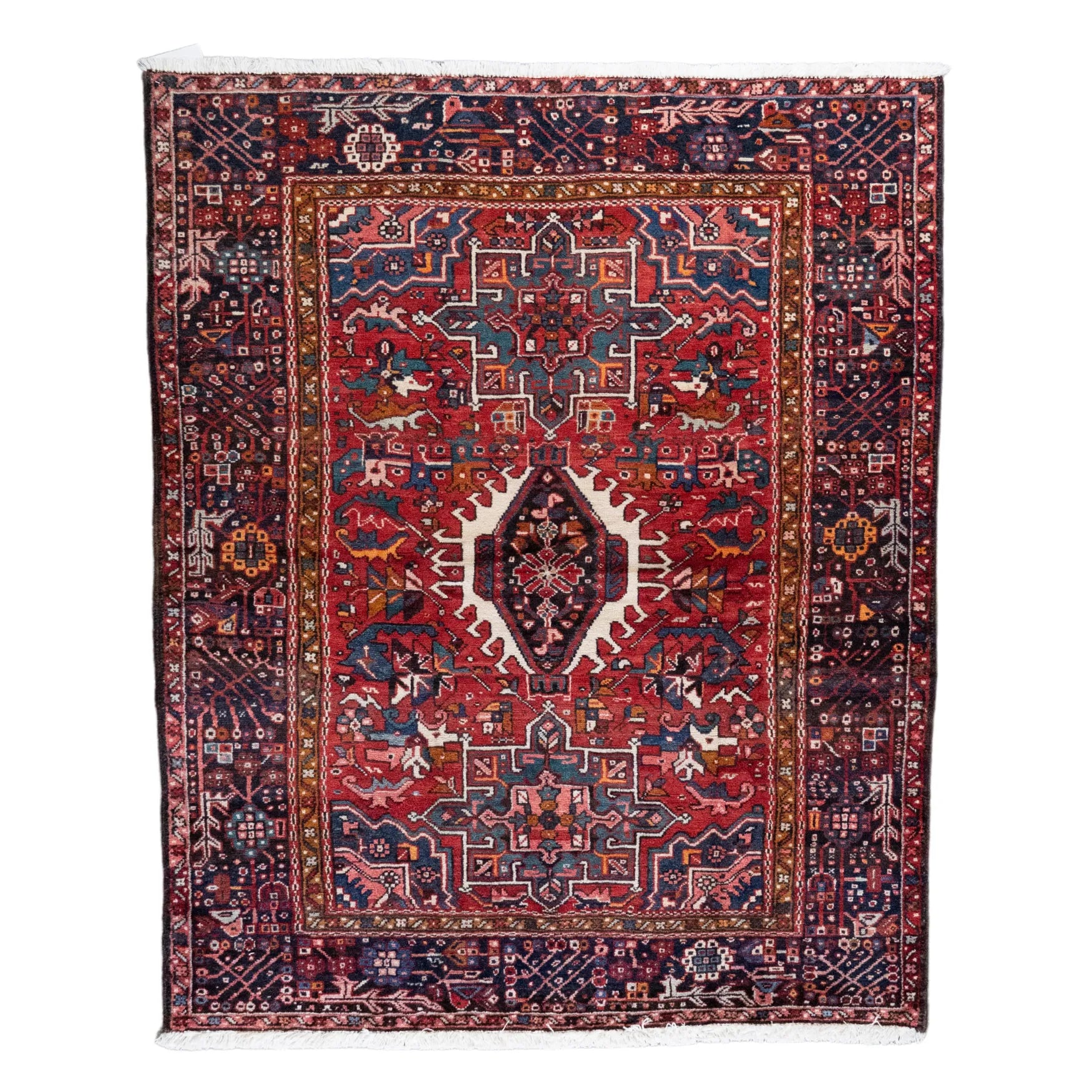 5' 1" x 6' 2" - RED AND NAVY KARAJEH GEOMETRIC PERSIAN RUG ( 155 x 188 CM )