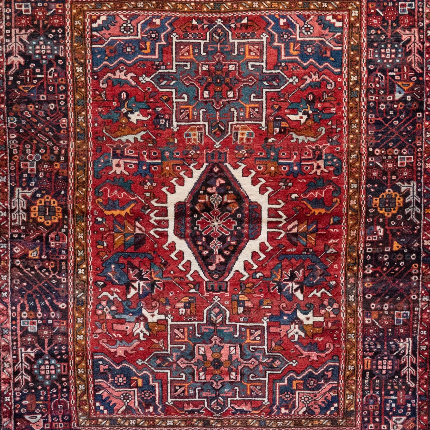 5' 1" x 6' 2" - RED AND NAVY KARAJEH GEOMETRIC PERSIAN RUG ( 155 x 155 CM )