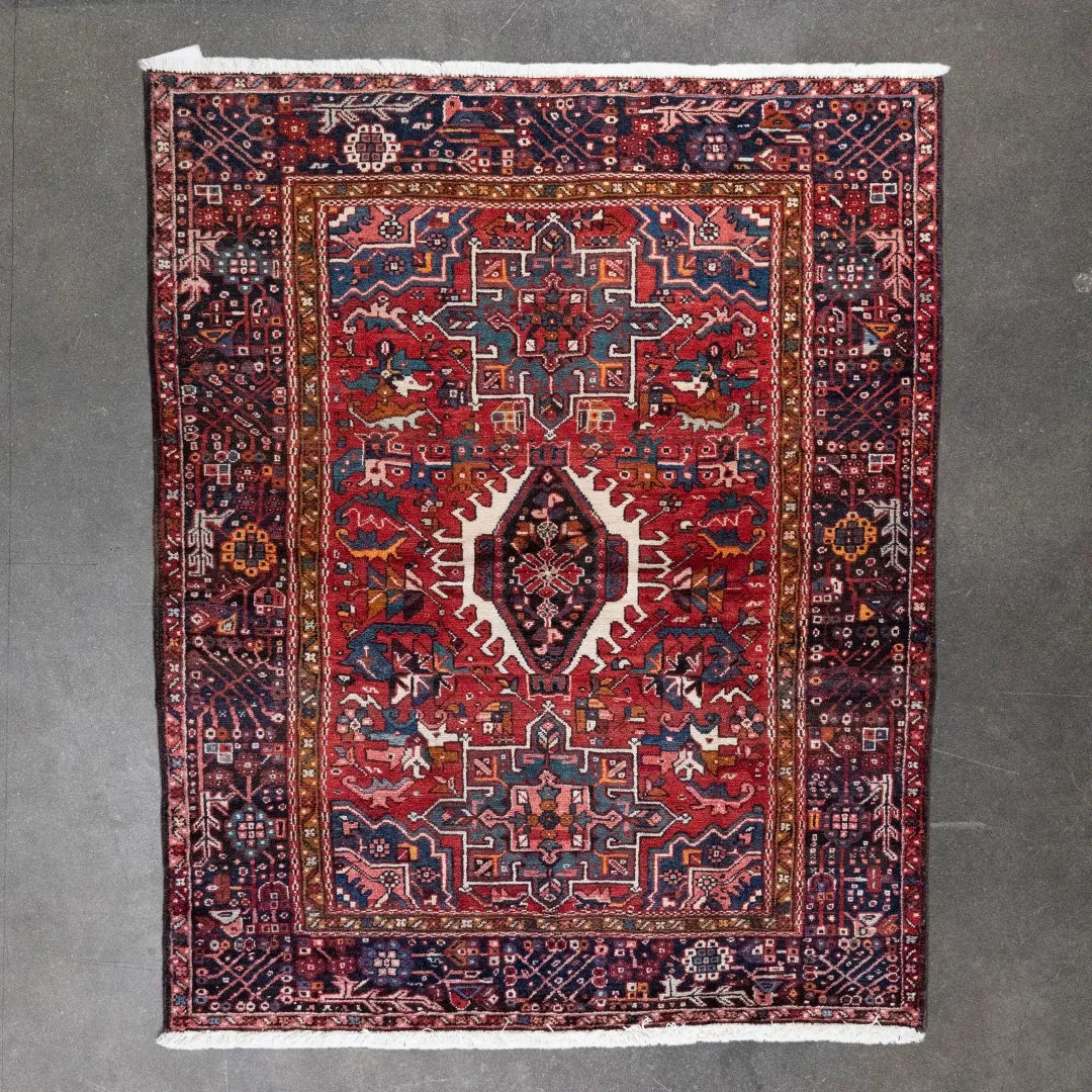 5' 1" x 6' 2" - RED AND NAVY KARAJEH GEOMETRIC PERSIAN RUG ( 155 x 155 CM )