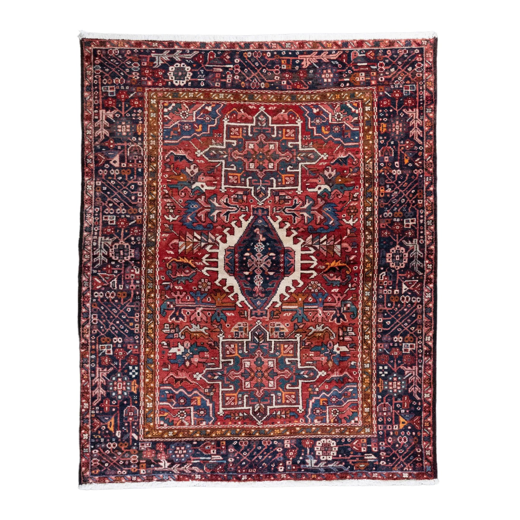 5' 1" x 6' 3" - RED AND NAVY KARAJEH GEOMETRIC PERSIAN RUG ( 155 x 190 CM )