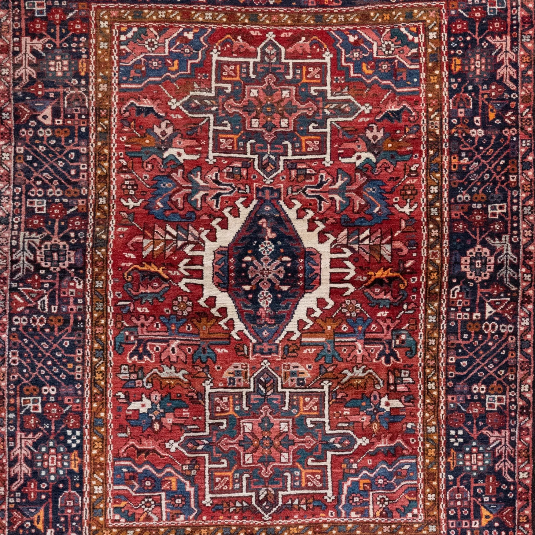 5' 1" x 6' 3" - RED AND NAVY KARAJEH GEOMETRIC PERSIAN RUG ( 155 x 190 CM )