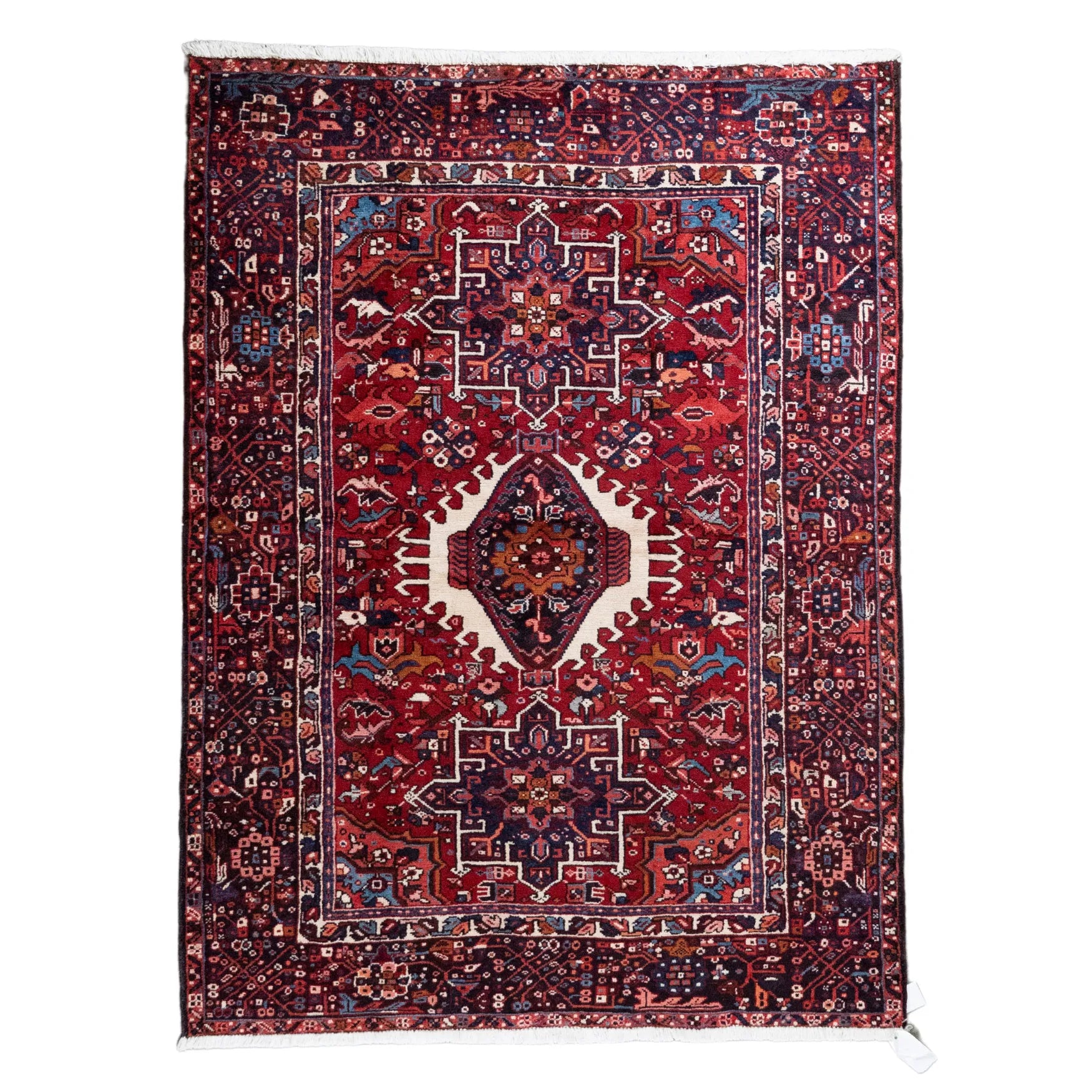 5' 0" x 6' 4" - RED AND NAVY KARAJEH GEOMETRIC PERSIAN RUG ( 152 x 193 CM )