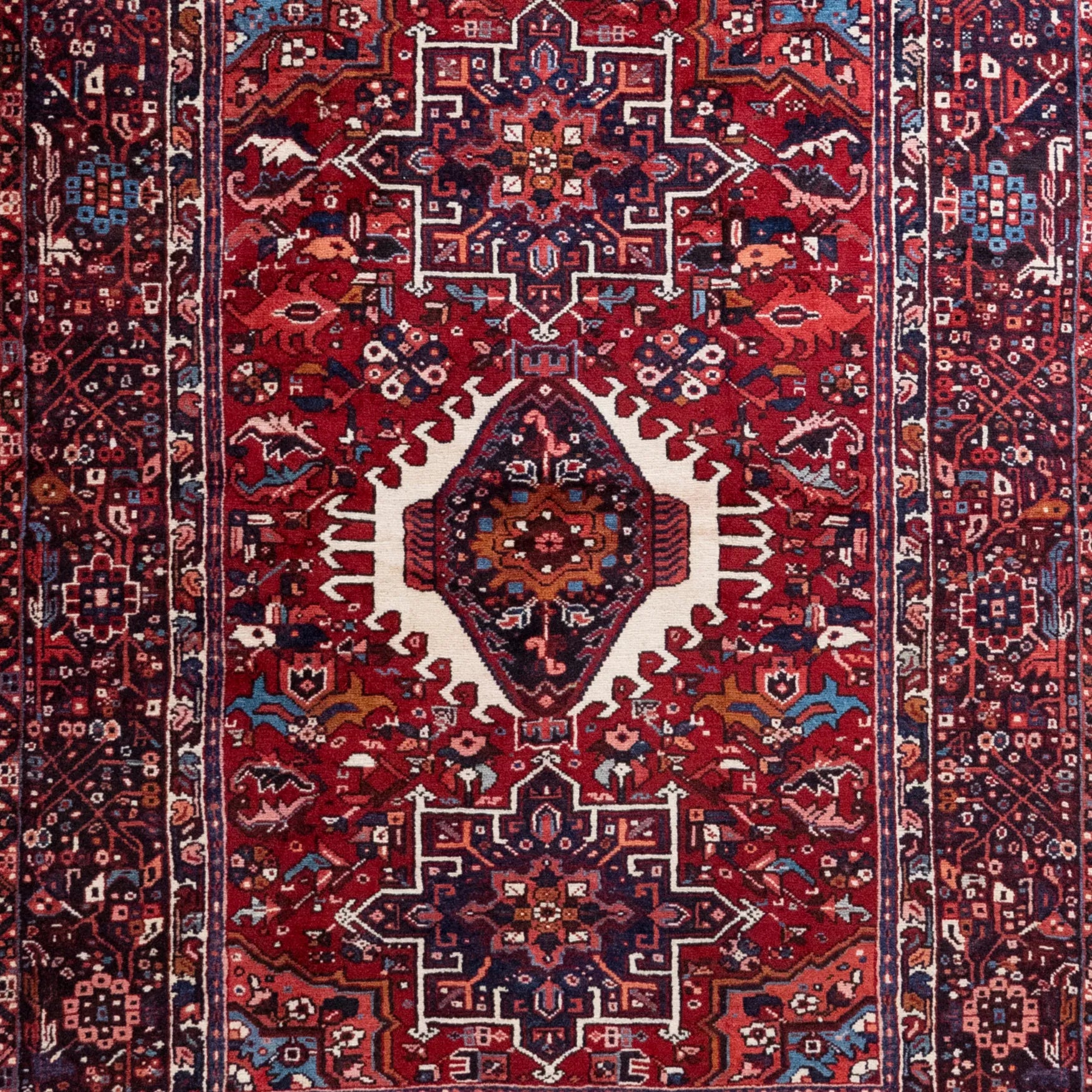 5' 0" x 6' 4" - RED AND NAVY KARAJEH GEOMETRIC PERSIAN RUG ( 152 x 193 CM )