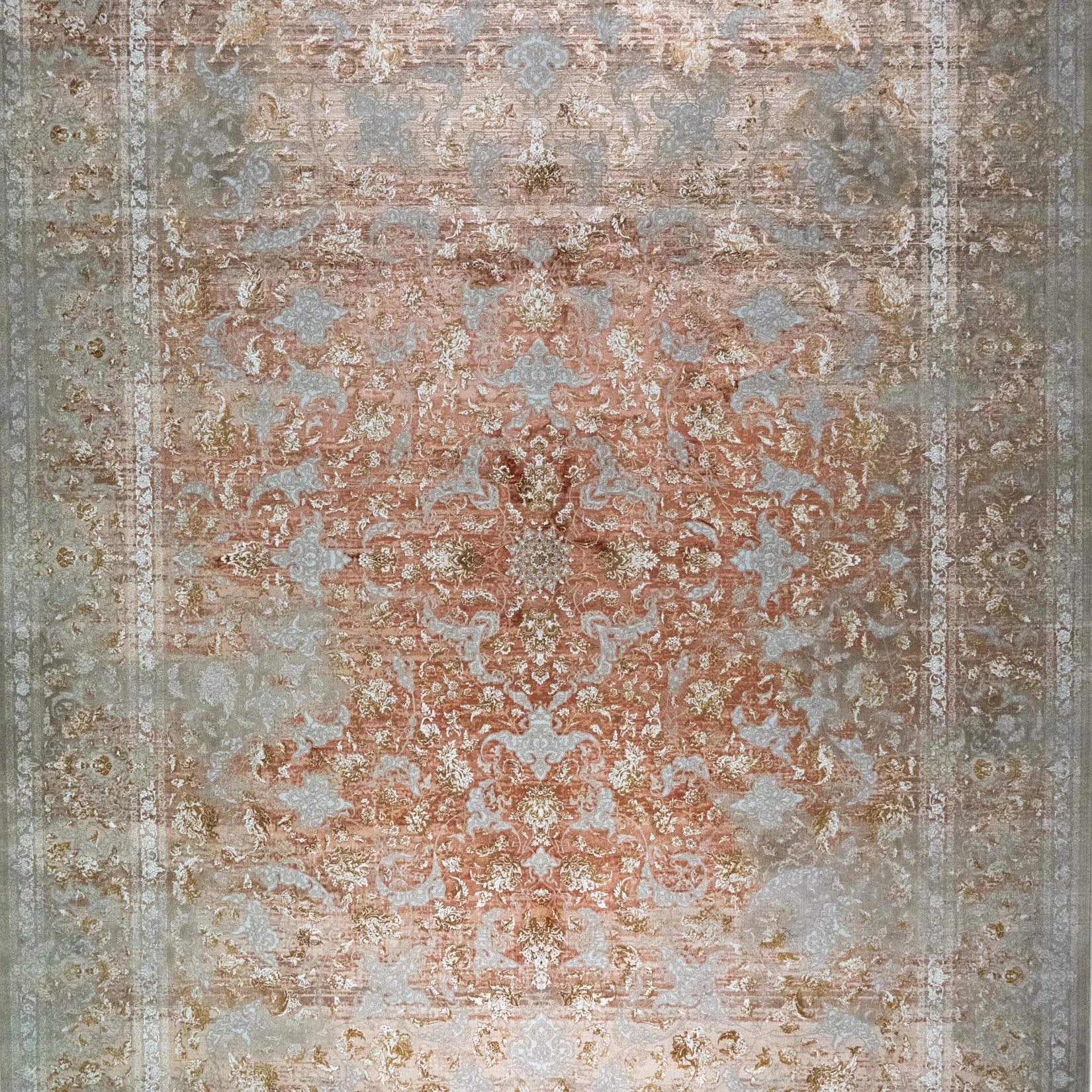 9' 10" x 13' 1" - RED AND BEIGE MACHINE MADE FLORAL TURKISH RUG ( 300 x 399 CM )