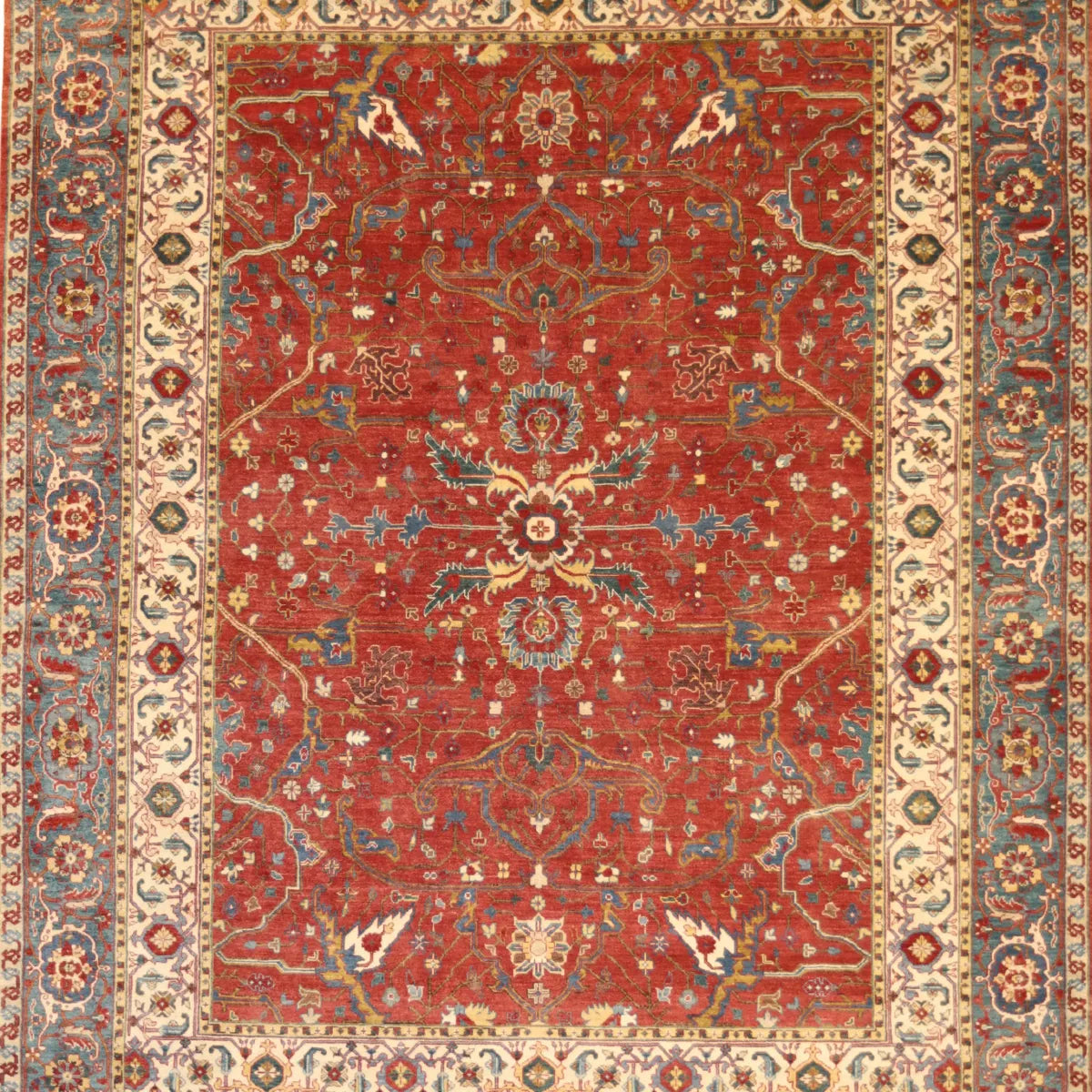 8' 0" x 10' 1" - RED AND BLUE SERAPI GEOMETRIC INDIAN RUG