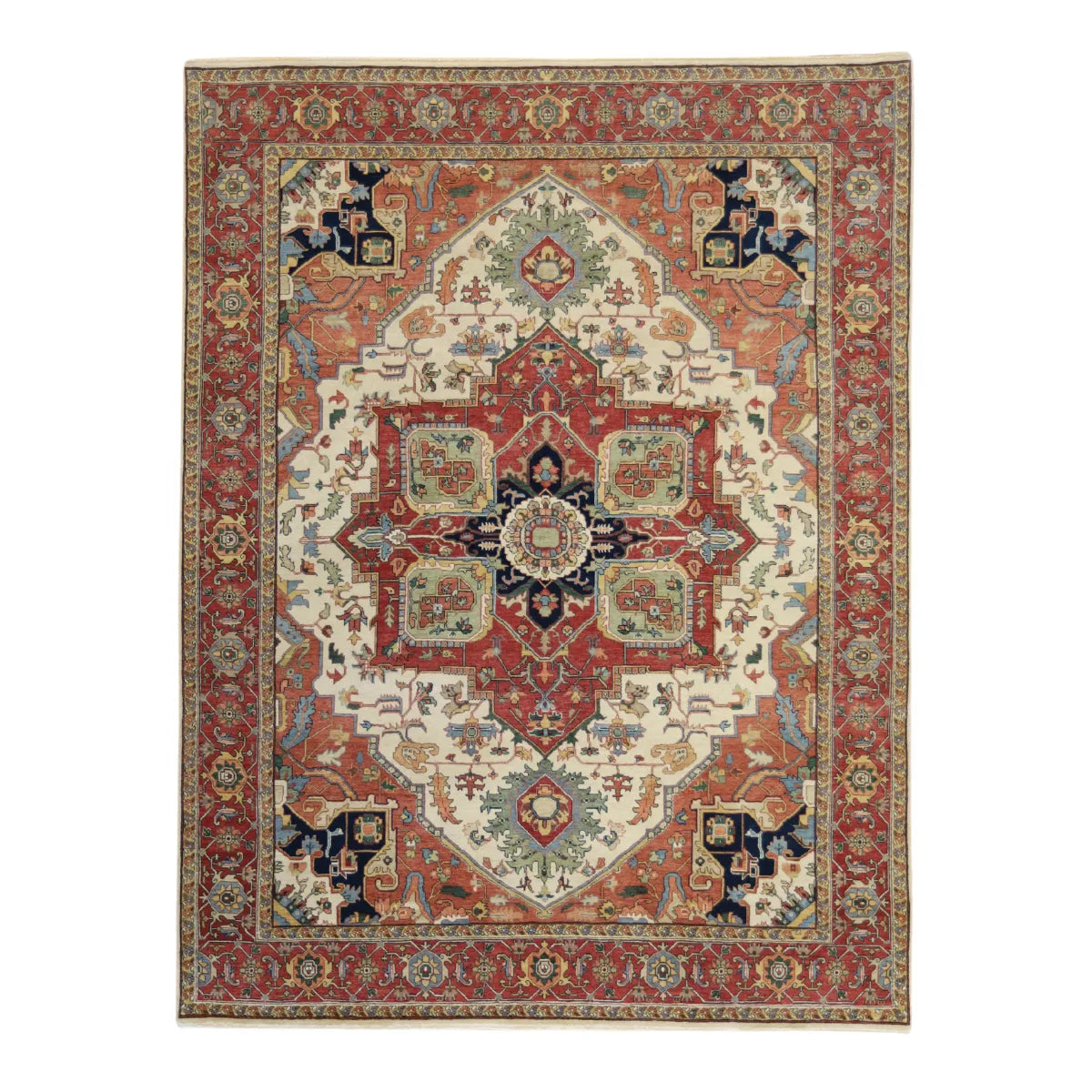 7' 9" x 10' 3" - IVORY AND RED SERAPI GEOMETRIC INDIAN RUG