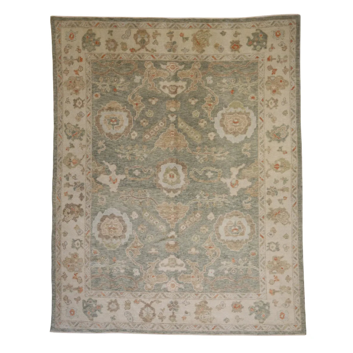 8' 3" x 10' 5" - GREEN AND IVORY OUSHAK GEOMETRIC TURKISH RUG