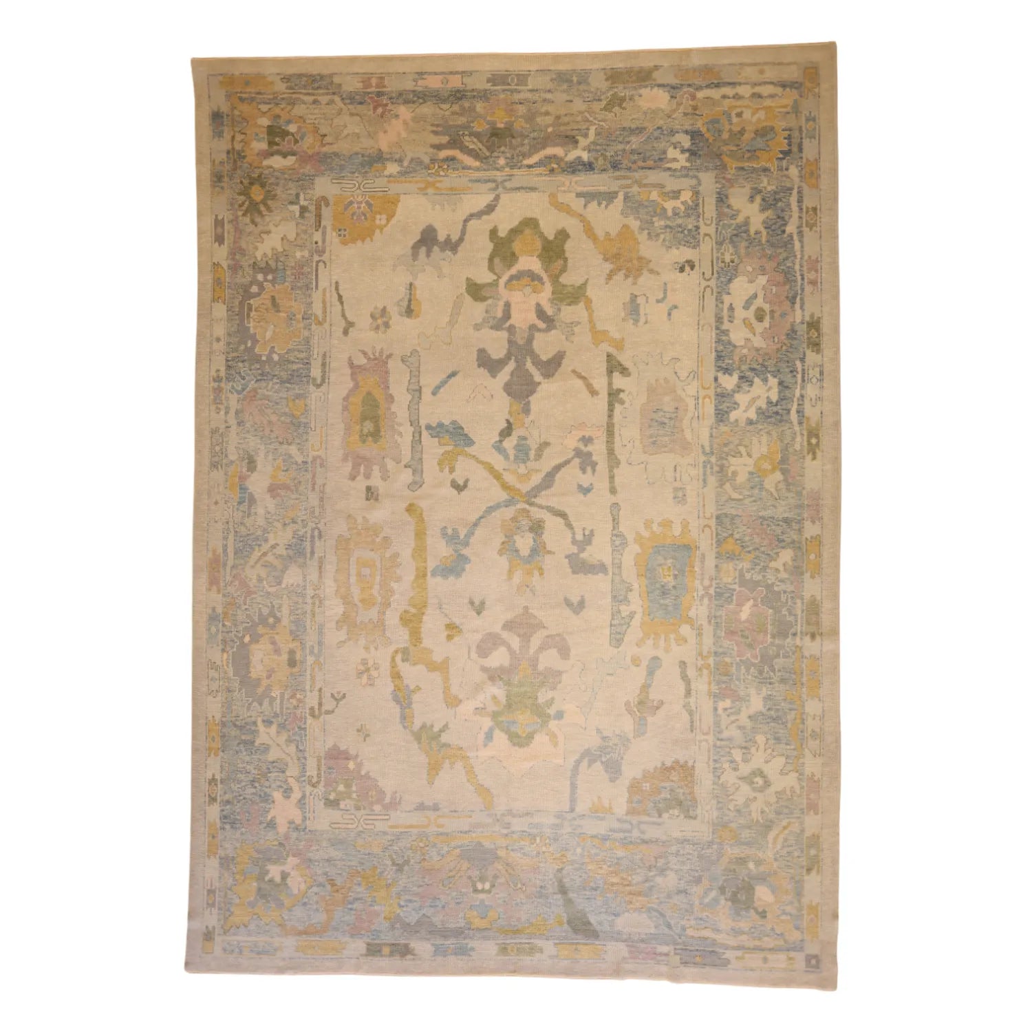 10'   3" x  14'   4" IVORY AND BLUE OUSHAK GEOMETRIC TURKISH RUG