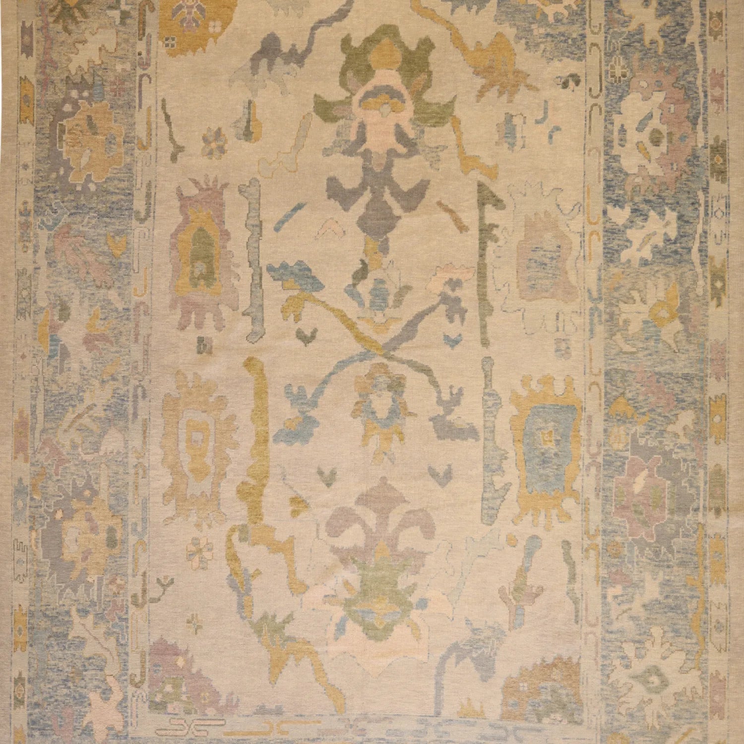 10'   3" x  14'   4" IVORY AND BLUE OUSHAK GEOMETRIC TURKISH RUG