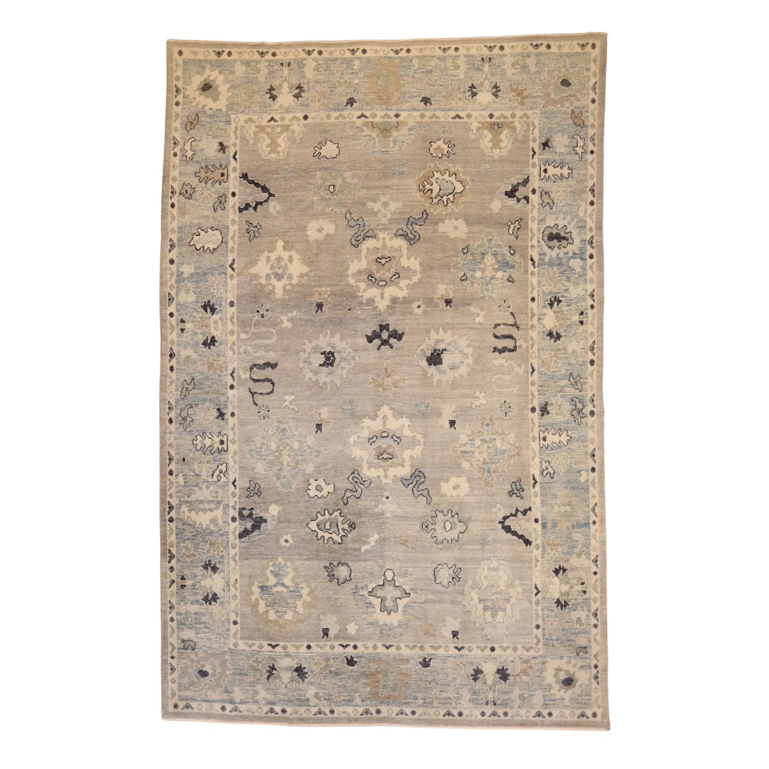 9' 0" x  14' 1" GRAY AND BLUE OUSHAK GEOMETRIC TURKISH RUG