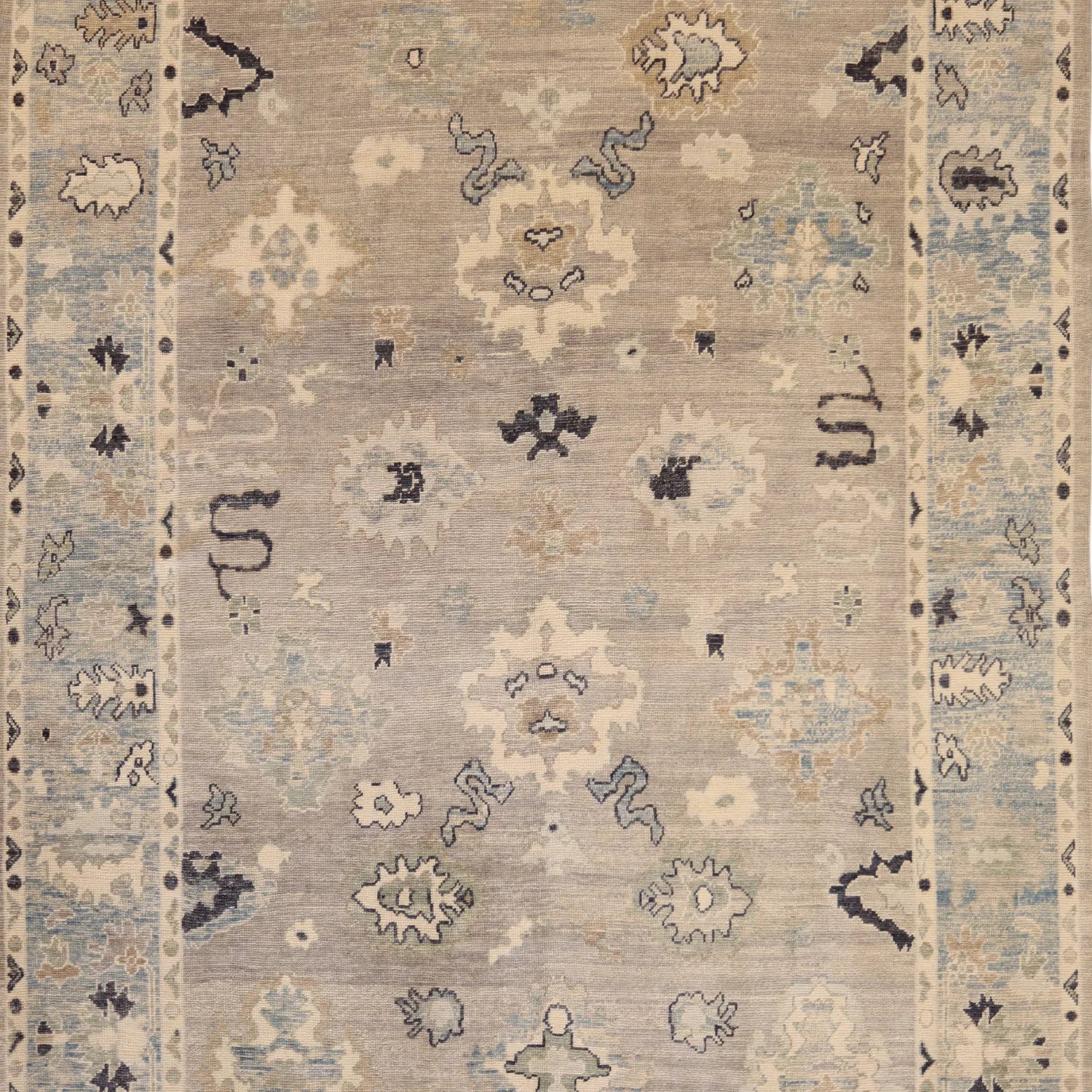 9' 0" x  14' 1" GRAY AND BLUE OUSHAK GEOMETRIC TURKISH RUG