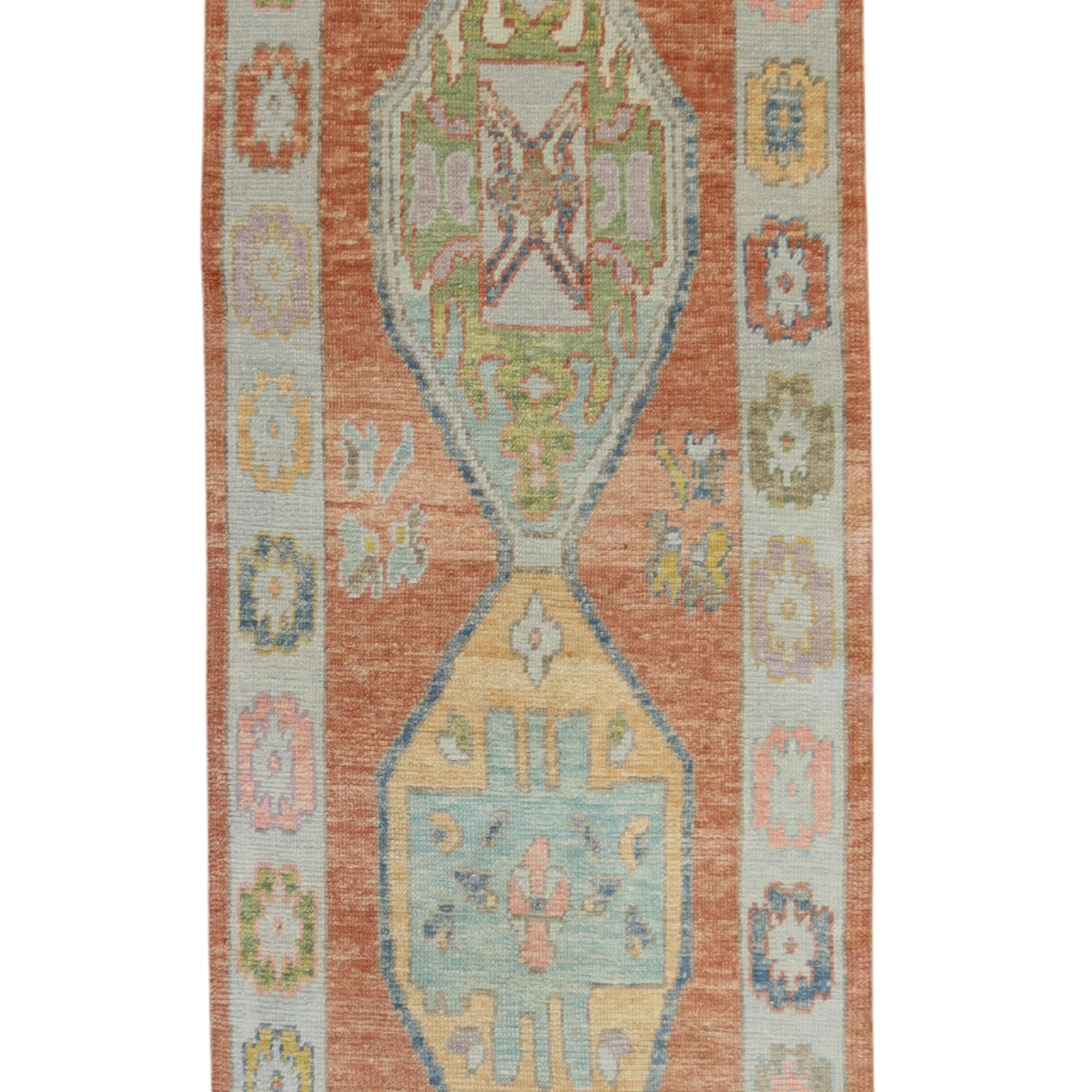 3'3" x 12'8" SALMON AND BLUE OUSHAK GEOMETRIC TURKISH RUG