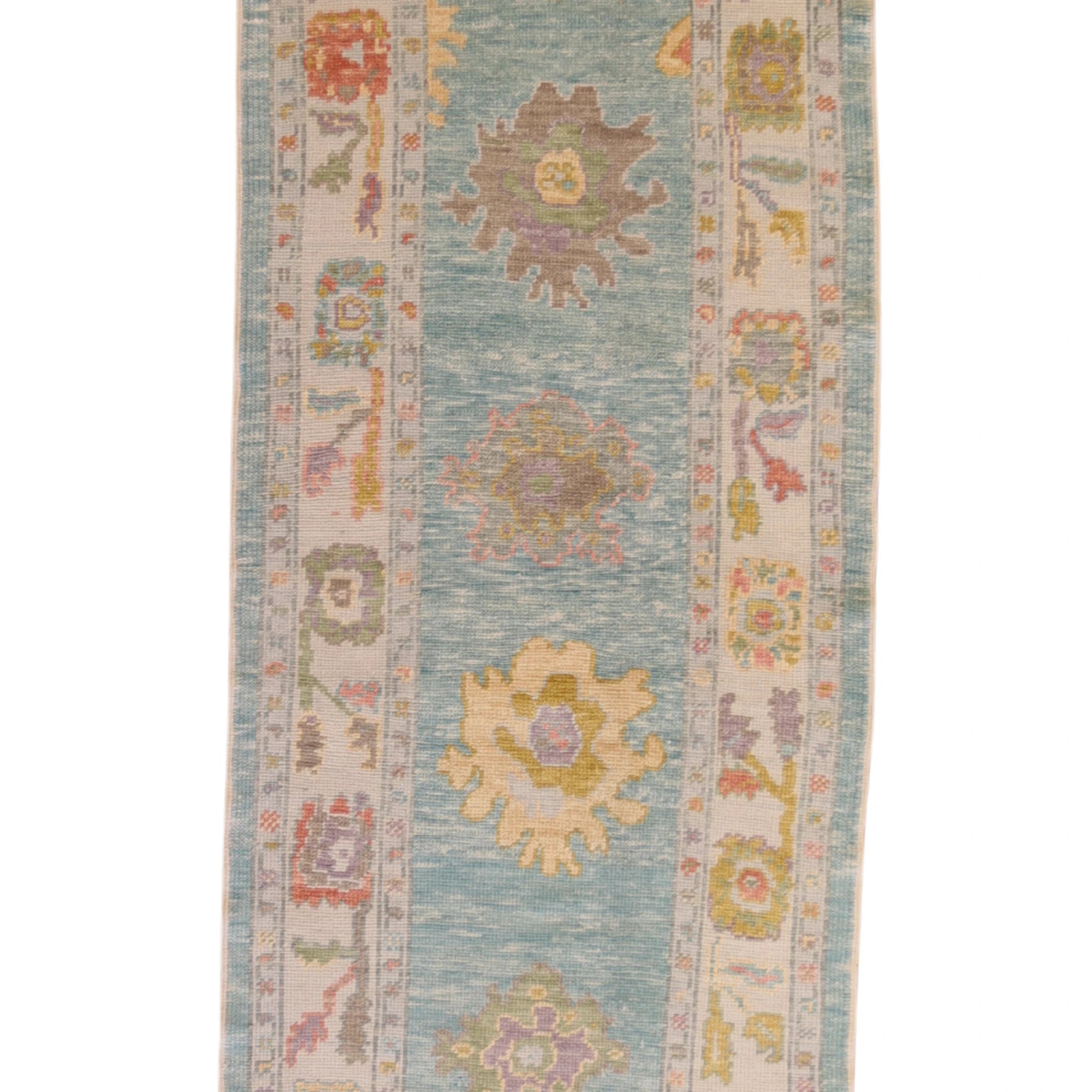 3'2" x 11'8" GREEN AND BLUE OUSHAK GEOMETRIC TURKISH RUG