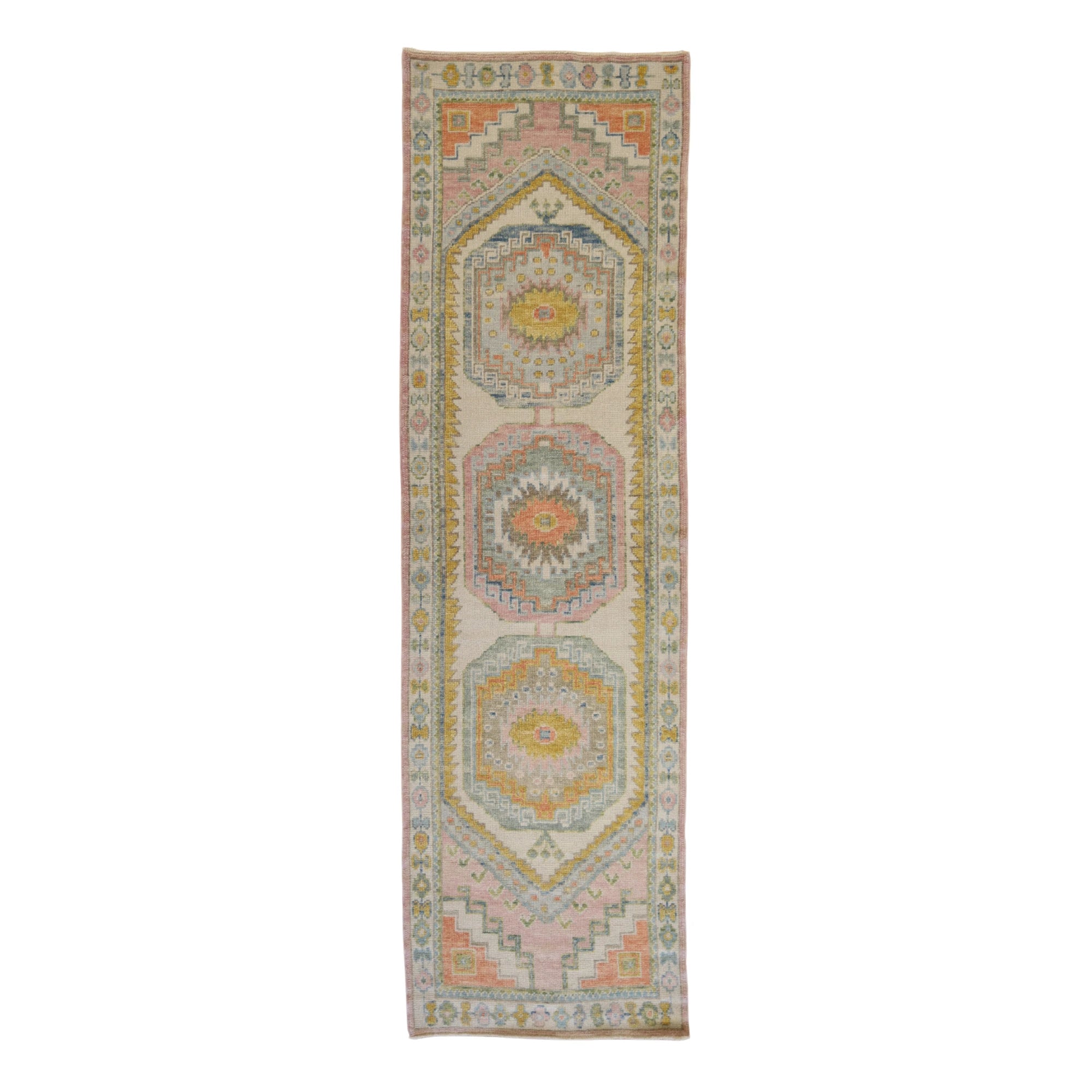 3'3" x 11'3" PINK AND BEIGE OUSHAK GEOMETRIC TURKISH RUG