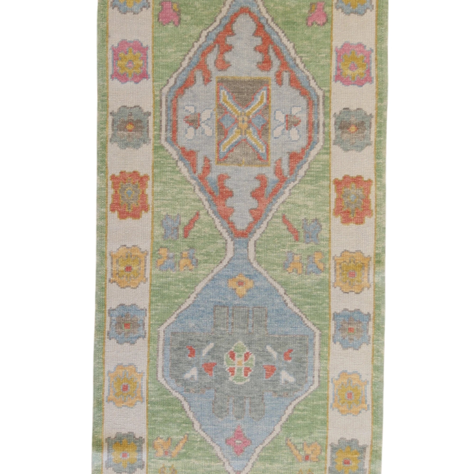 3'2" x 9'9" GREEN AND BLUE OUSHAK GEOMETRIC TURKISH RUG