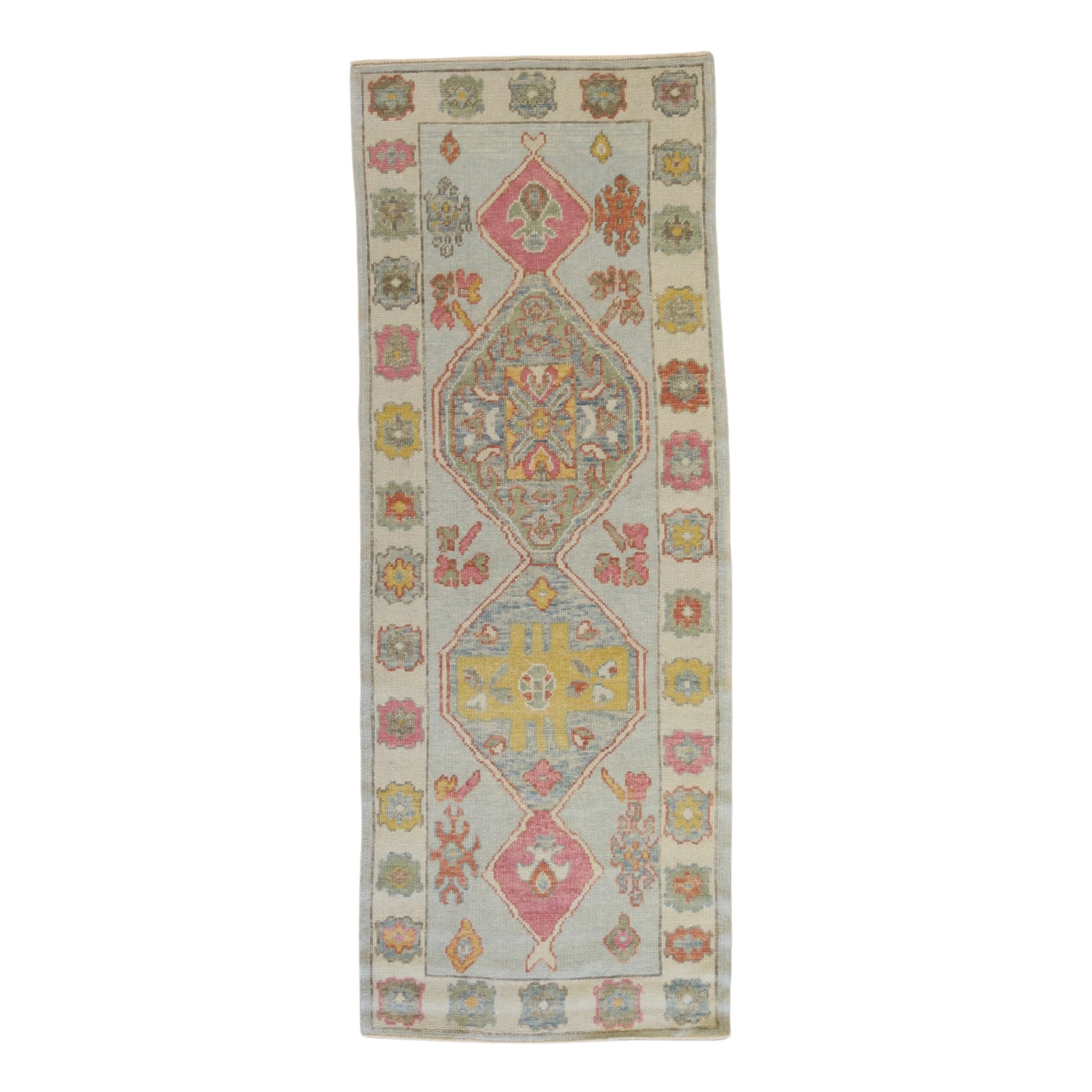 3'1" x 8'4" BLUE AND IVORY OUSHAK GEOMETRIC TURKISH RUG