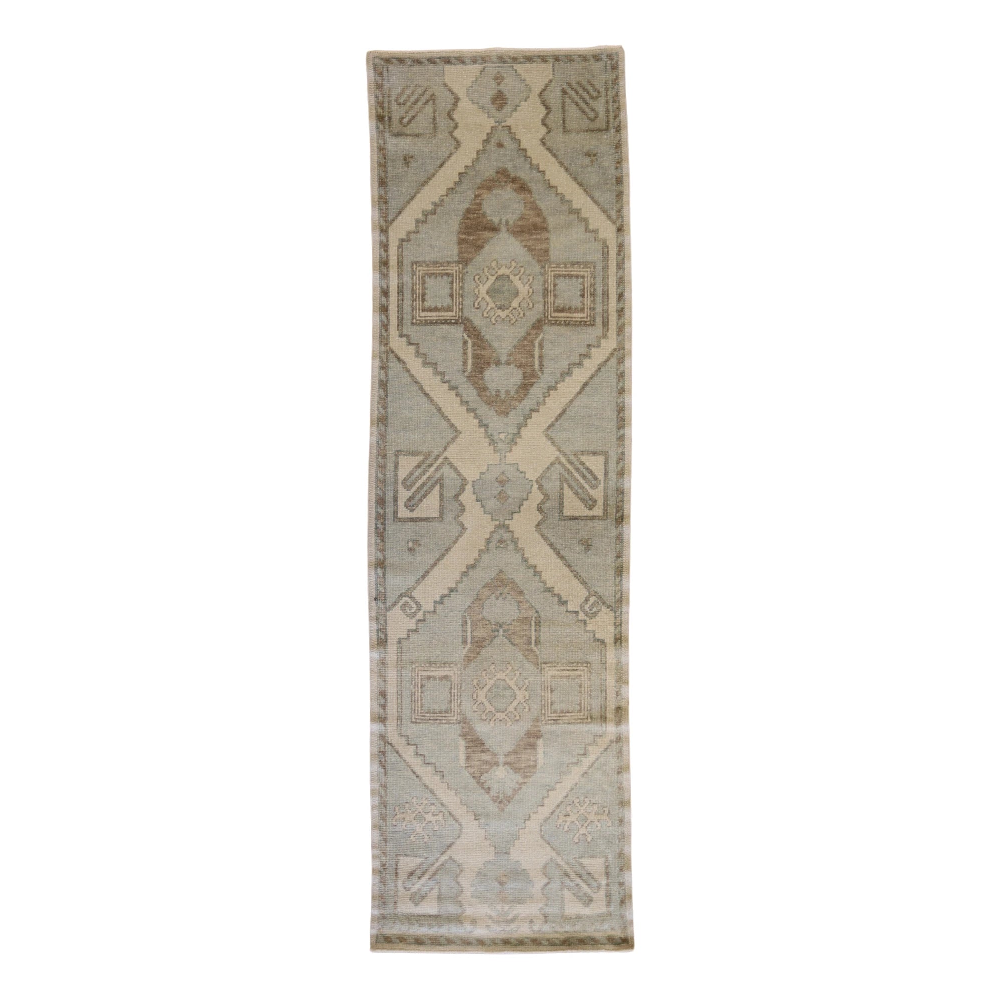 3'0" x 10'5" TAN AND BLUE OUSHAK GEOMETRIC TURKISH RUG