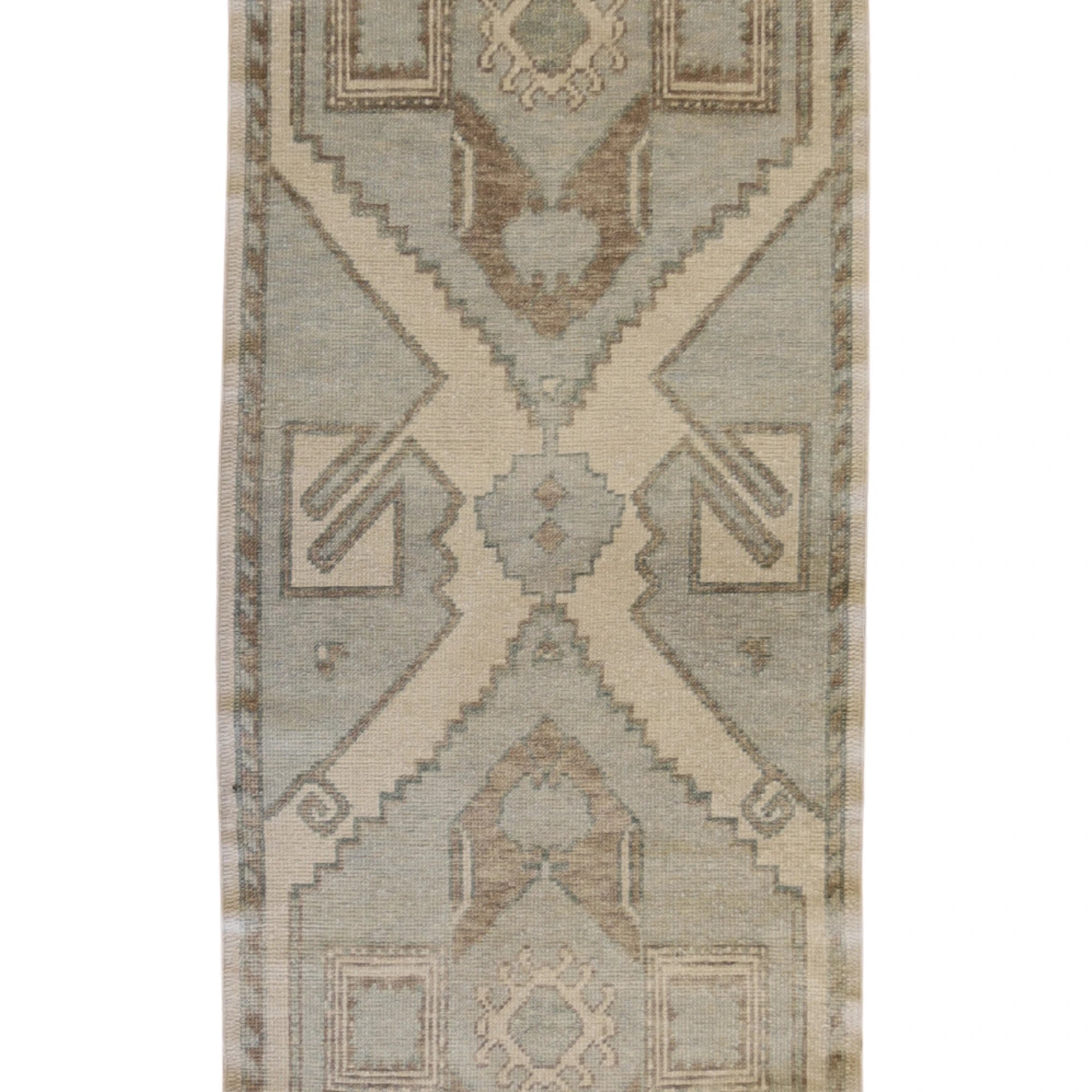 3'0" x 10'5" TAN AND BLUE OUSHAK GEOMETRIC TURKISH RUG