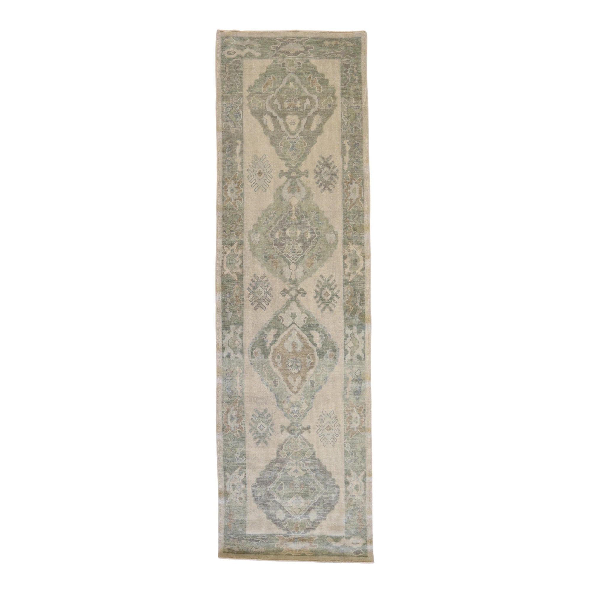 3'1" x 10'7" IVORY AND GREEN OUSHAK GEOMETRIC TURKISH RUG