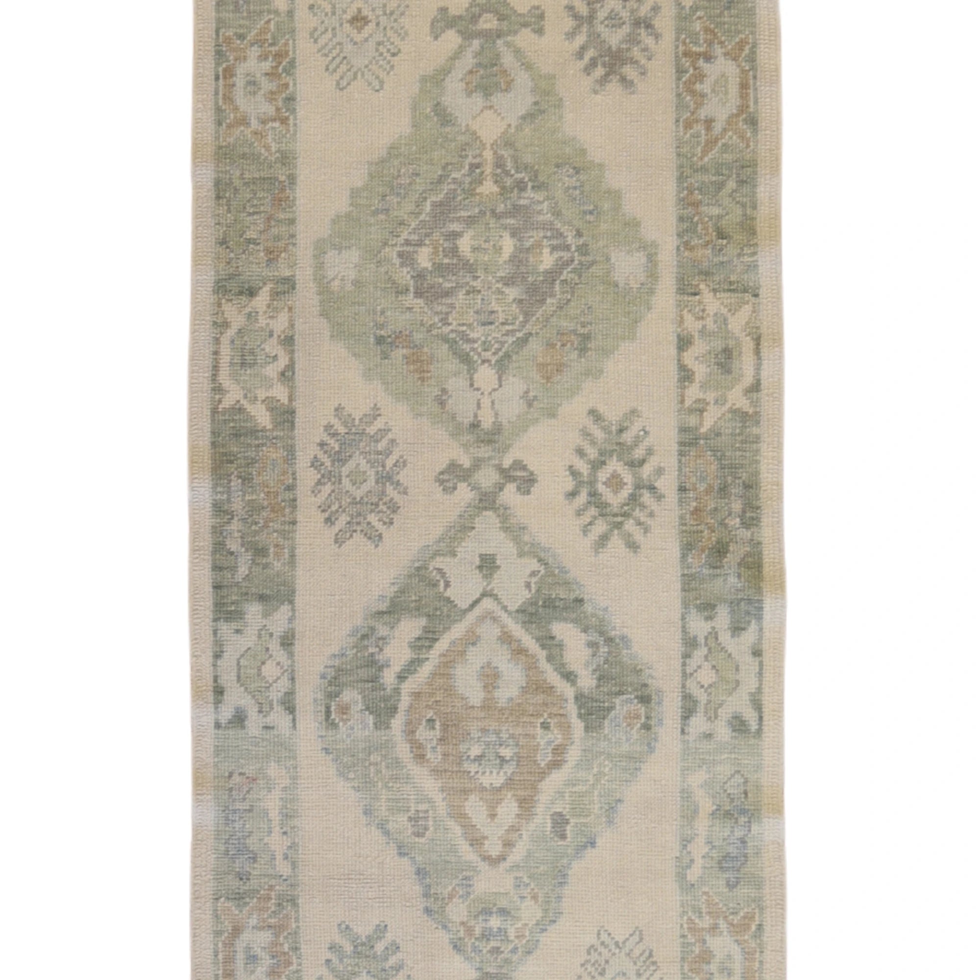 3'1" x 10'7" IVORY AND GREEN OUSHAK GEOMETRIC TURKISH RUG