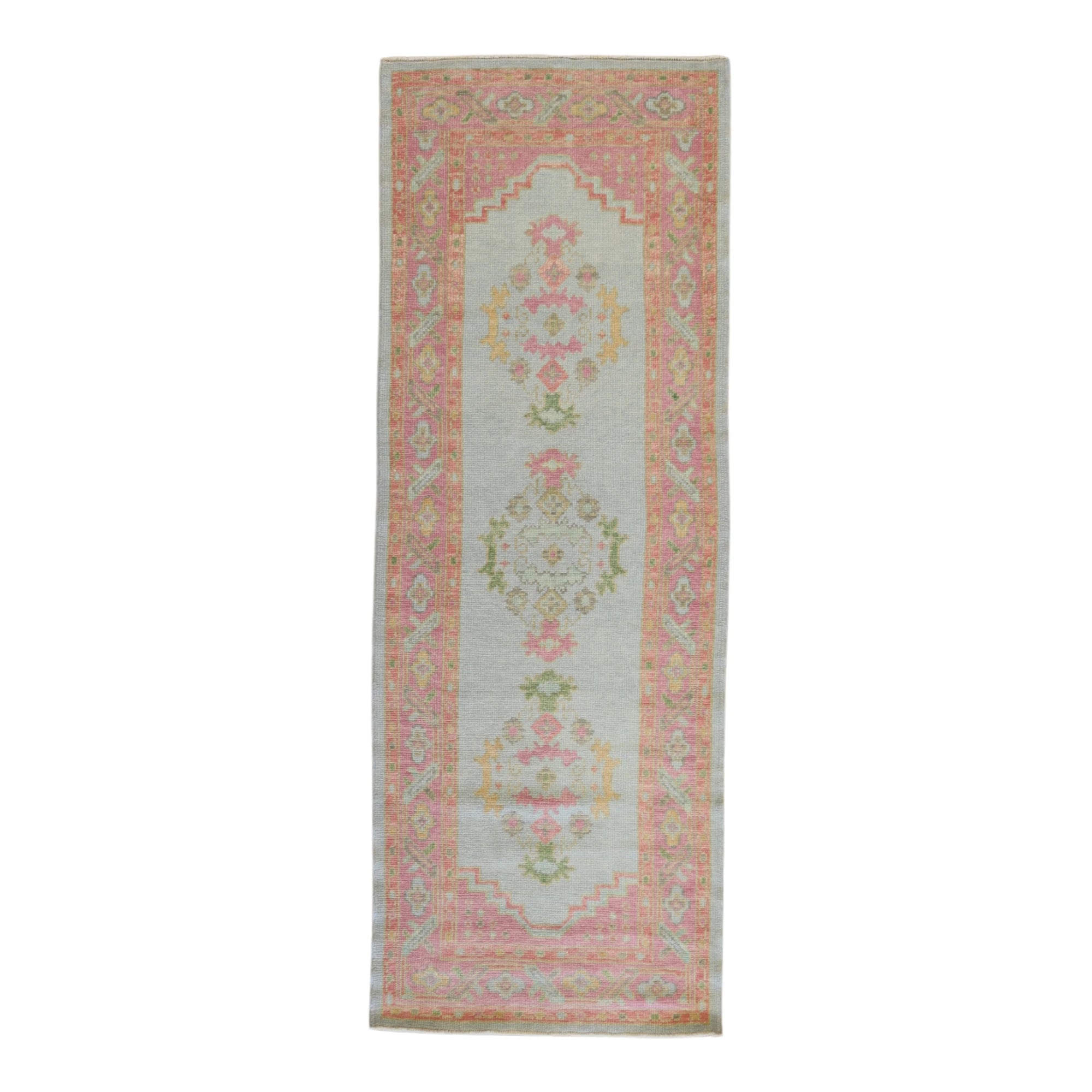 3'1" x 8'6" BLUE AND PINK OUSHAK GEOMETRIC TURKISH RUG