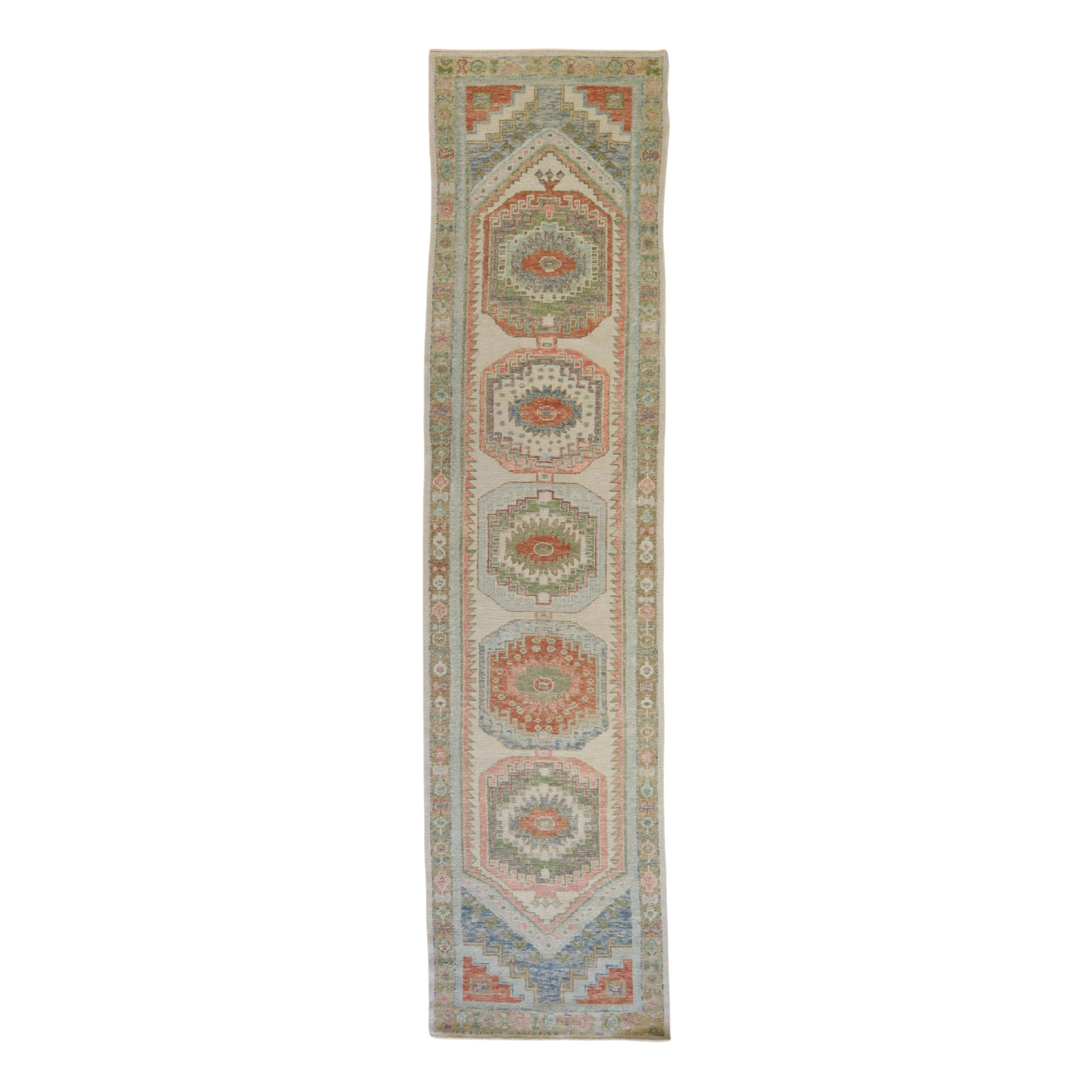 3'4" x 13'9" IVORY AND TAN OUSHAK GEOMETRIC TURKISH RUG