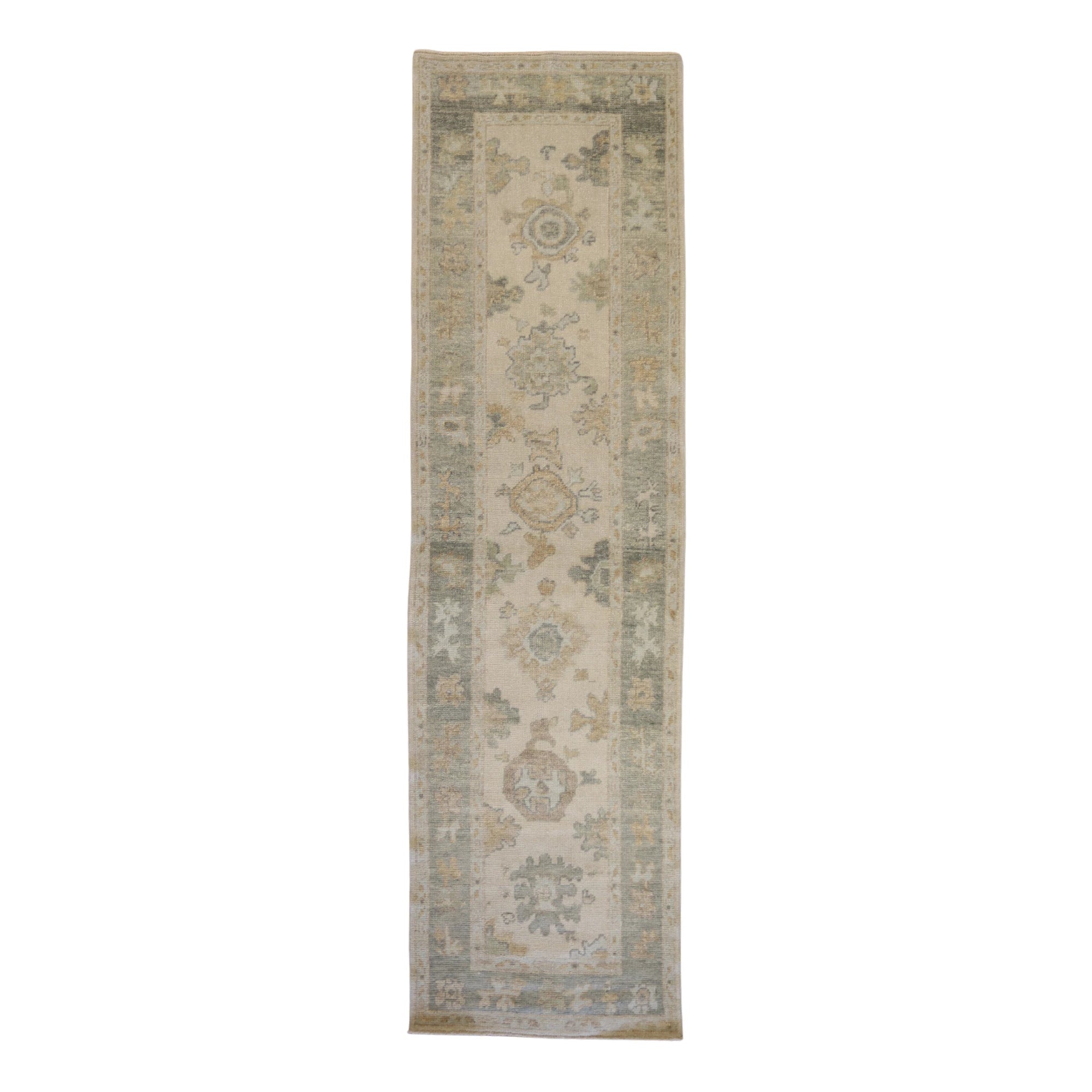 2'11" x 10'6" IVORY AND GREEN OUSHAK GEOMETRIC TURKISH RUG