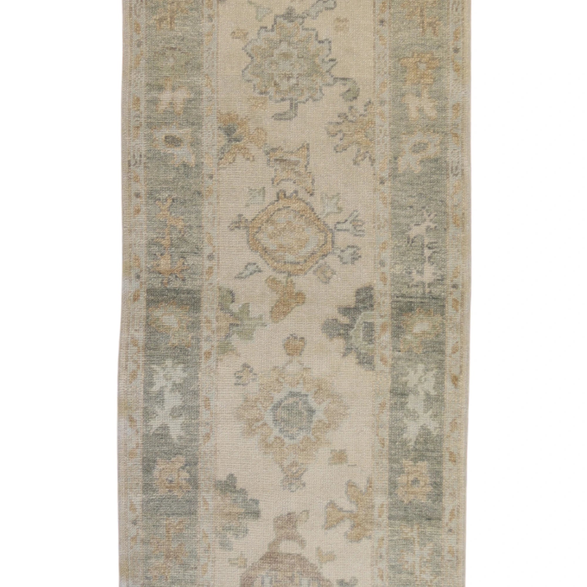 2'11" x 10'6" IVORY AND GREEN OUSHAK GEOMETRIC TURKISH RUG