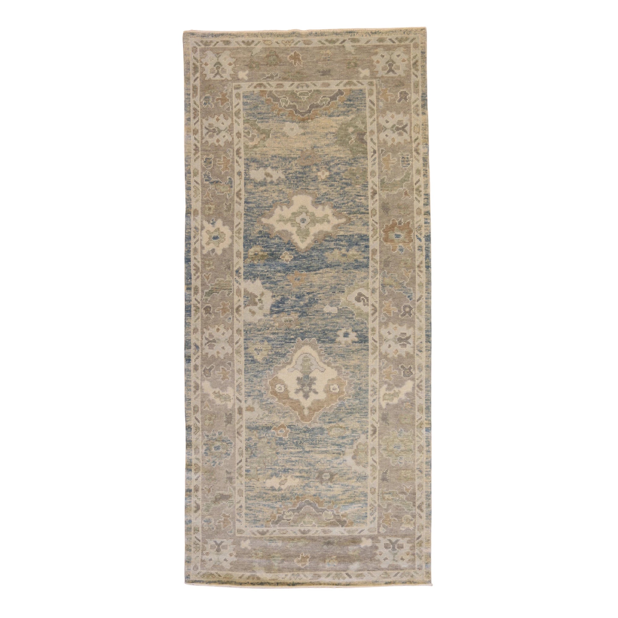 4'3" x 9'8" BLUE AND GRAY OUSHAK GEOMETRIC TURKISH RUG