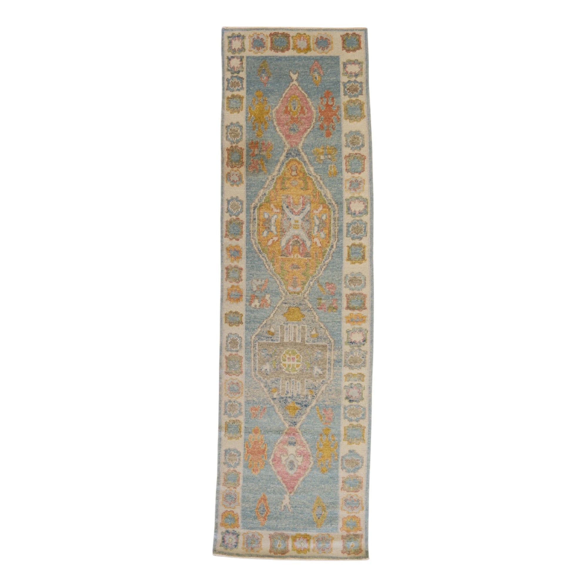 2'8" x 9'3" BLUE AND IVORY OUSHAK GEOMETRIC TURKISH RUG